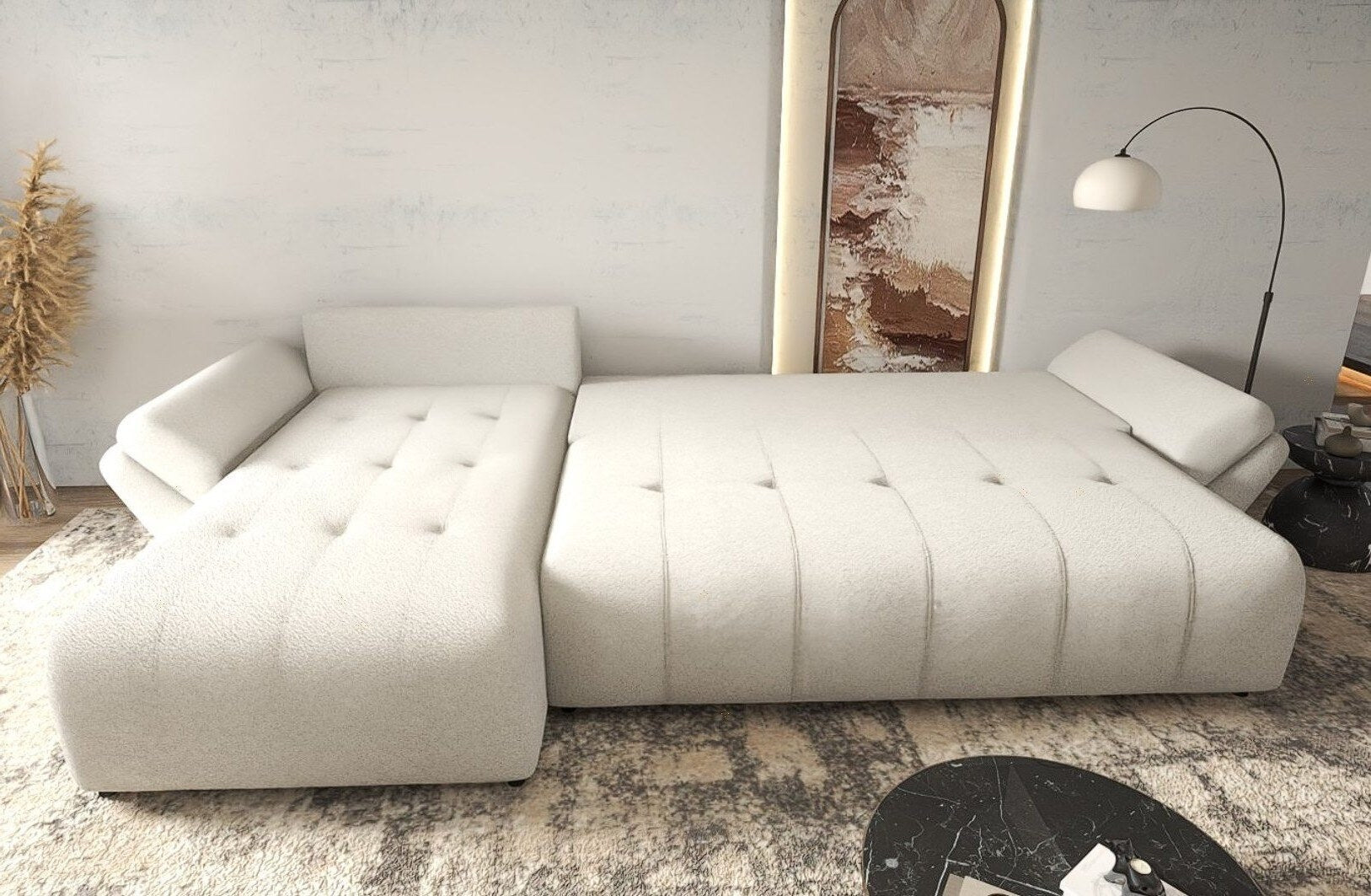 Colțar extensibil dumonde cu ladă de depozitare si sezut confortabil din spuma high-density, Berlin XL Monte Bej 03 II 350x185 cm