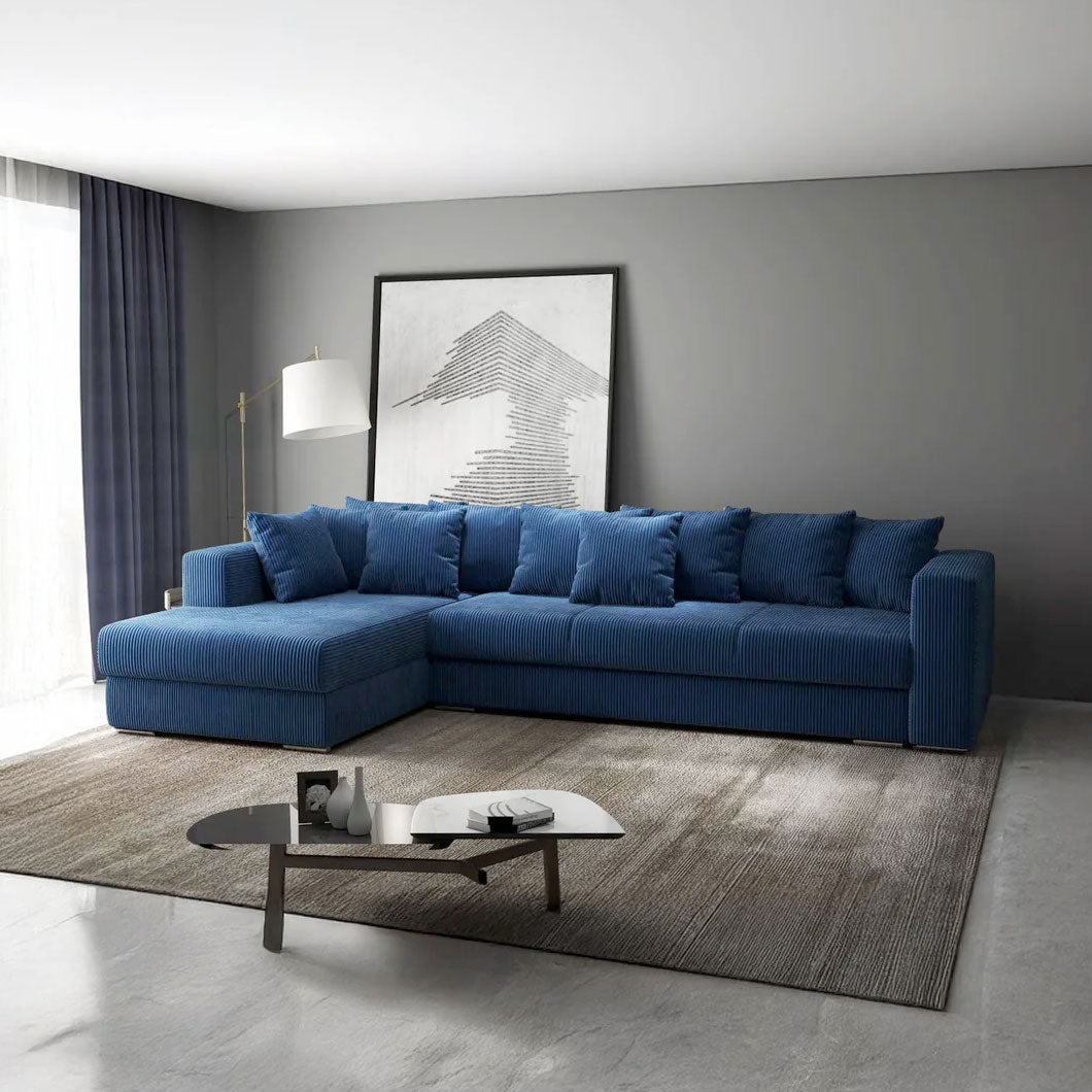 Colțar extensibil dumonde cu ladă de depozitare si sezut confortabil din spuma HR, Gloria Zoom Blue II 320x183 cm Fabrica