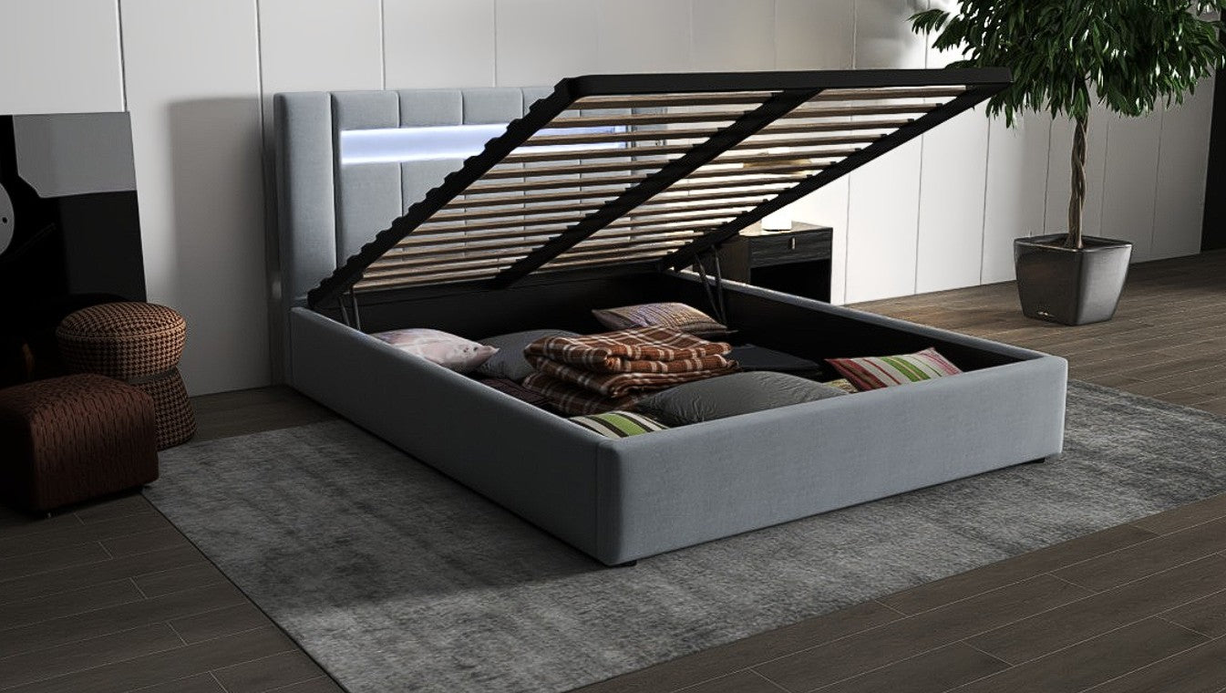Pat dormitor dumonde, tapitat gri, Glow 160x200 cm, somiera rabatabila inclusa, spatiu depozitare WLS
