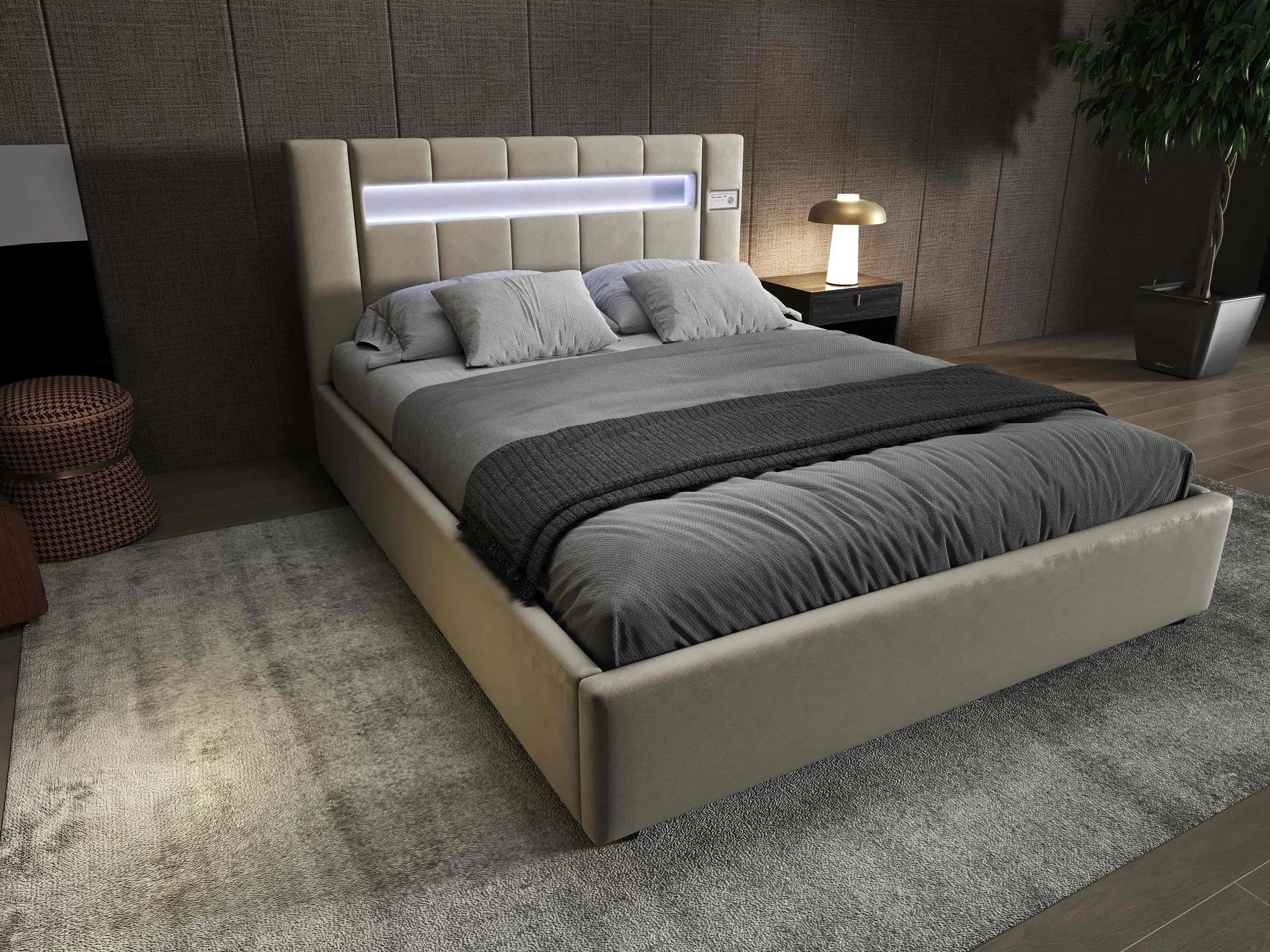 Pat dormitor dumonde, tapitat bej, Glow 180x200 cm, somiera rabatabila inclusa, spatiu depozitare WLS