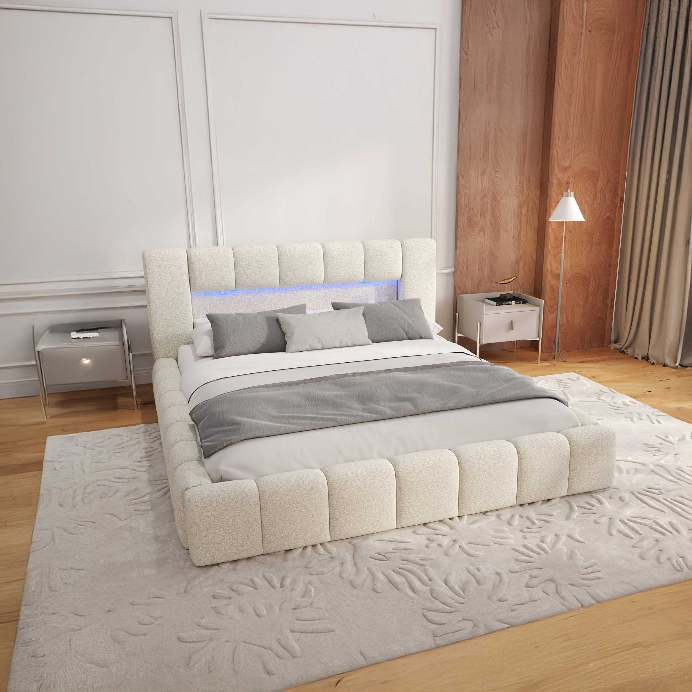 Dumonde kárpitozott ágy, bézs, Palermo 180x200 cm, felnyitható ágyráccsal, tárolórekesszel