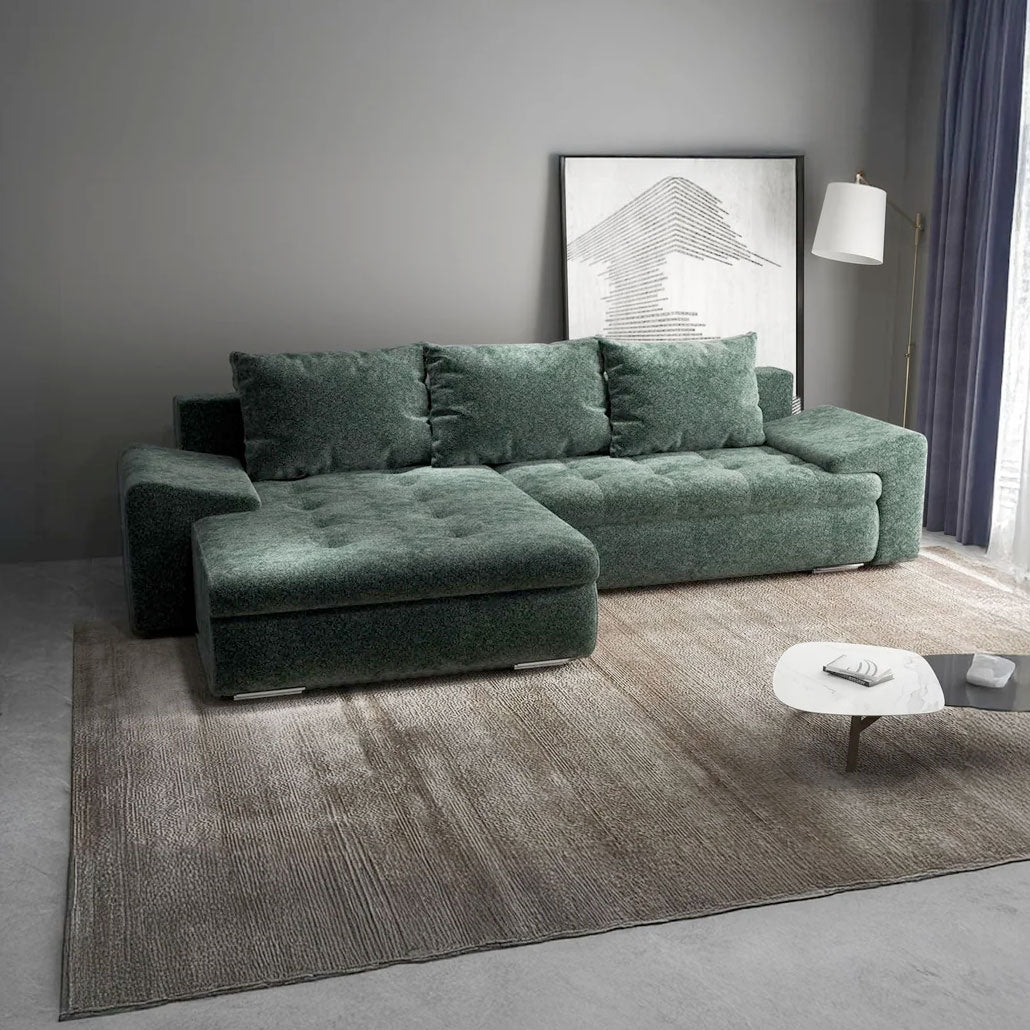 Colțar extensibil dumonde cu ladă de depozitare si sezut confortabil din spuma HR, Leonardo Euphoria Verde 260x185 cm Fabrica