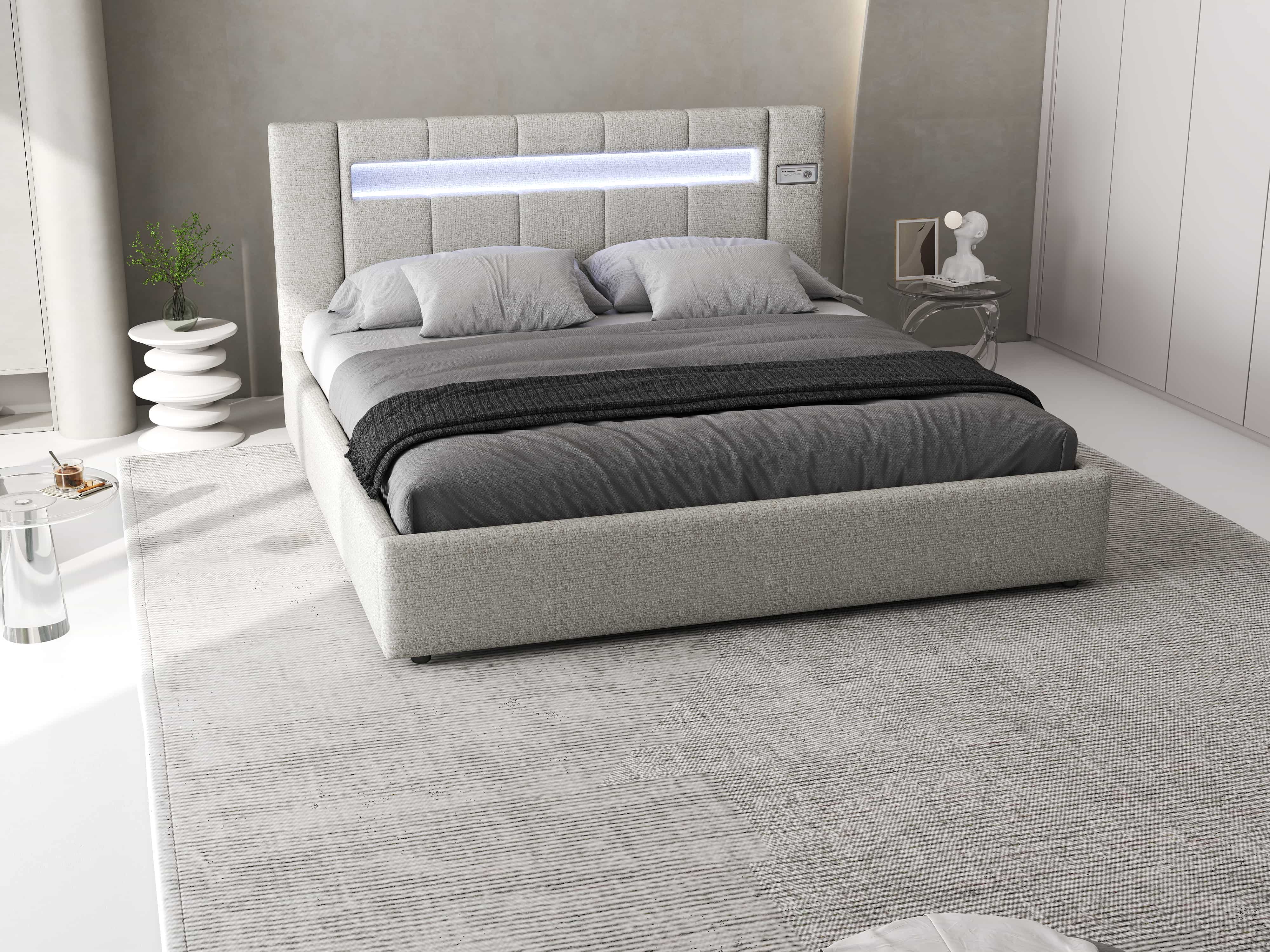 Pat dormitor dumonde, tapitat gri, Glow 160x200 cm, somiera rabatabila inclusa, spatiu depozitare WLS