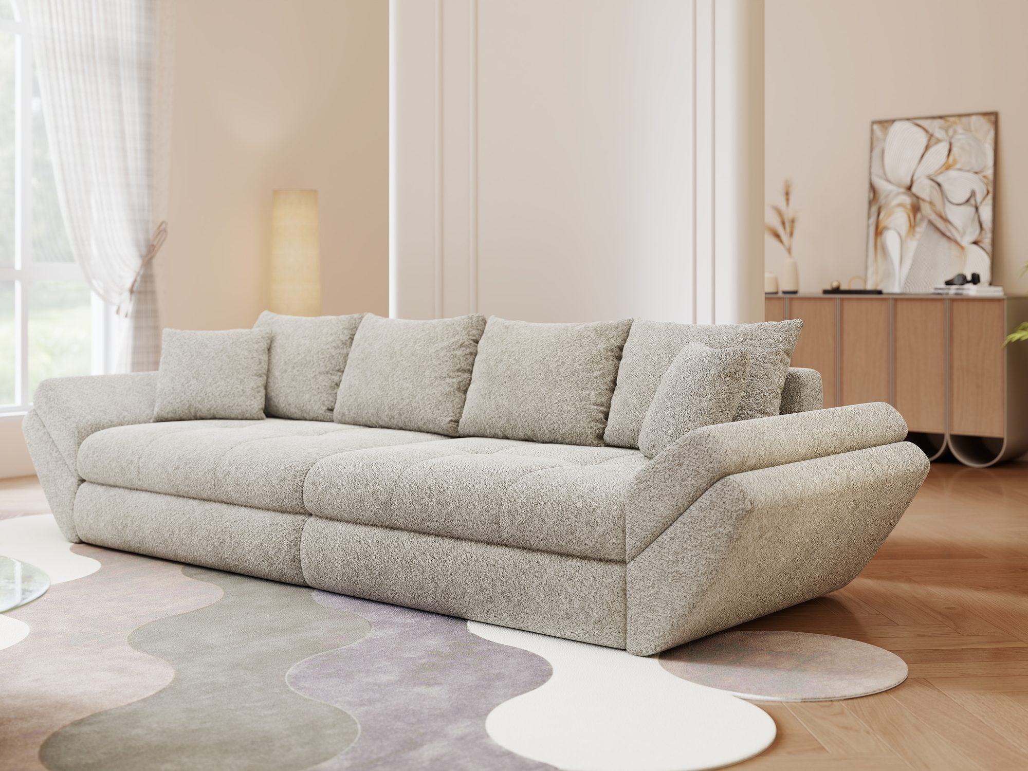 Dumonde kihúzható kanapé tároló rekesszel és kényelmes, nagy sűrűségű habszivacsból készült ülőfelülettel, Loana Arena Bézs 300x100 cm
