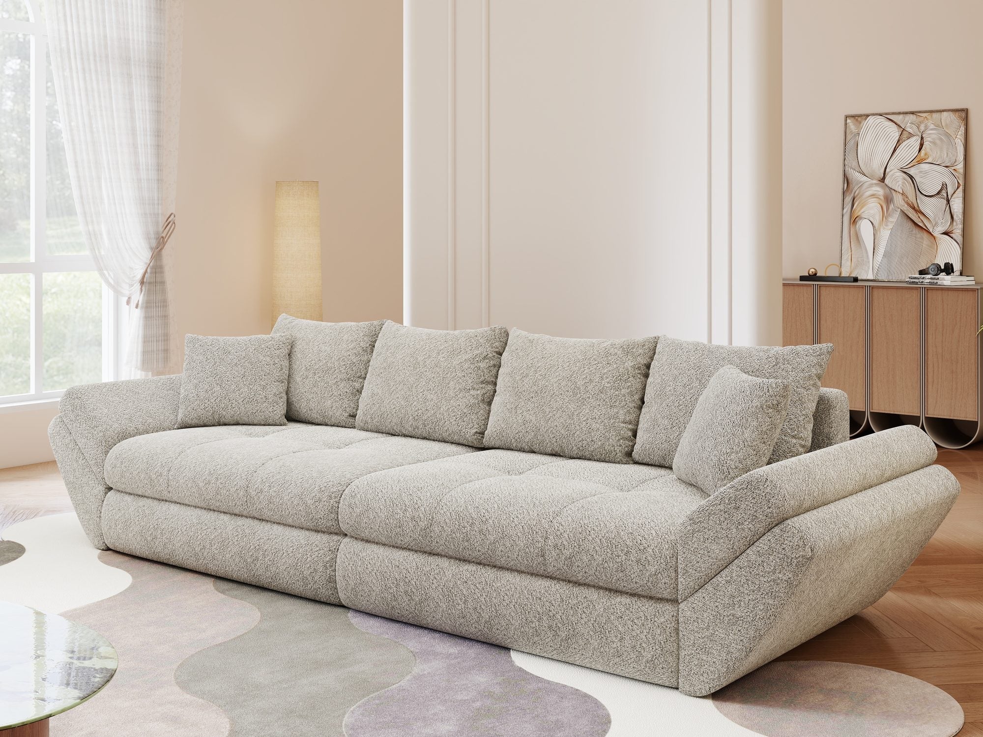 Dumonde kihúzható kanapé tároló rekesszel és kényelmes, nagy sűrűségű habszivacsból készült ülőfelülettel, Loana Arena Bézs 300x100 cm