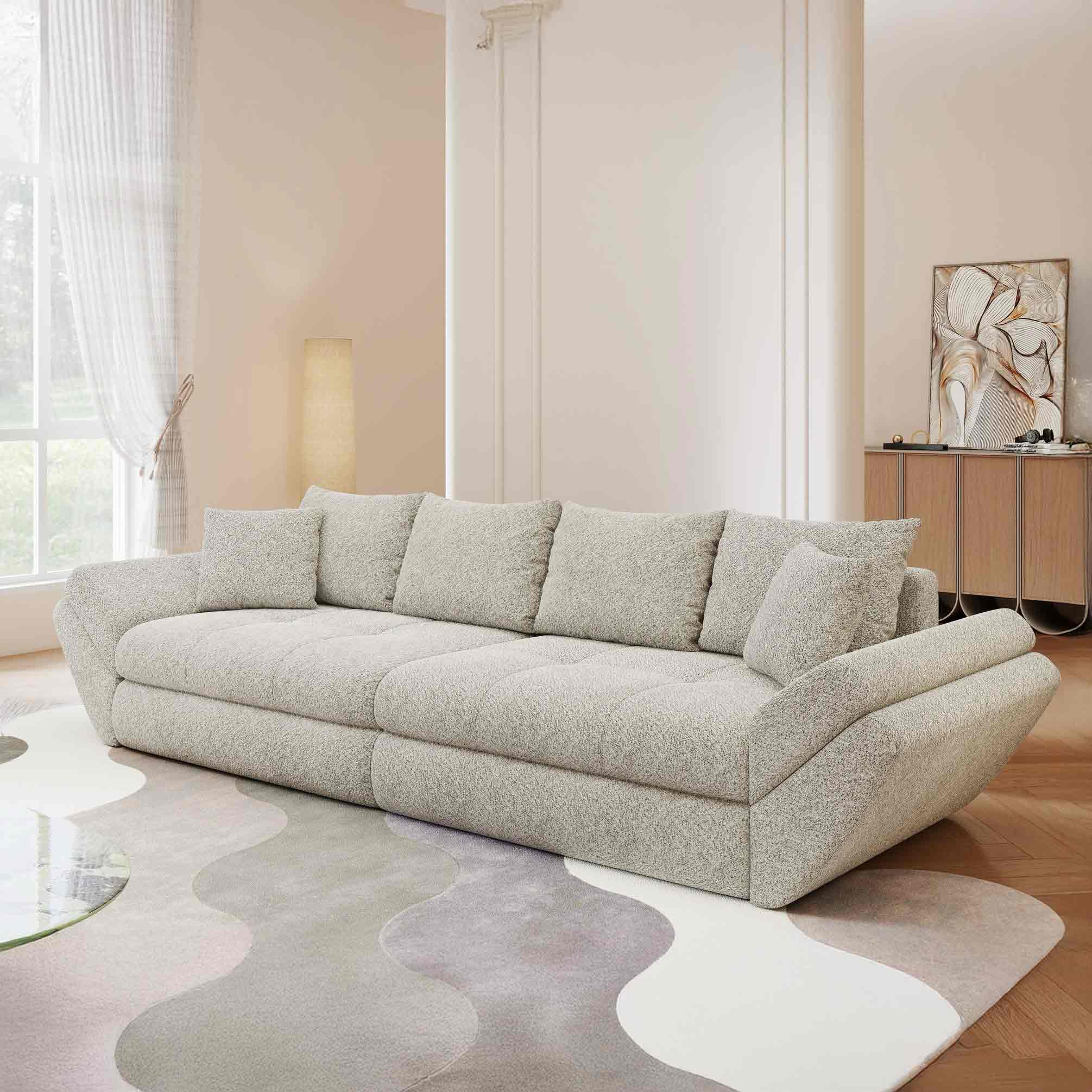 Dumonde kihúzható kanapé tároló rekesszel és kényelmes, nagy sűrűségű habszivacsból készült ülőfelülettel, Loana Arena Bézs 300x100 cm