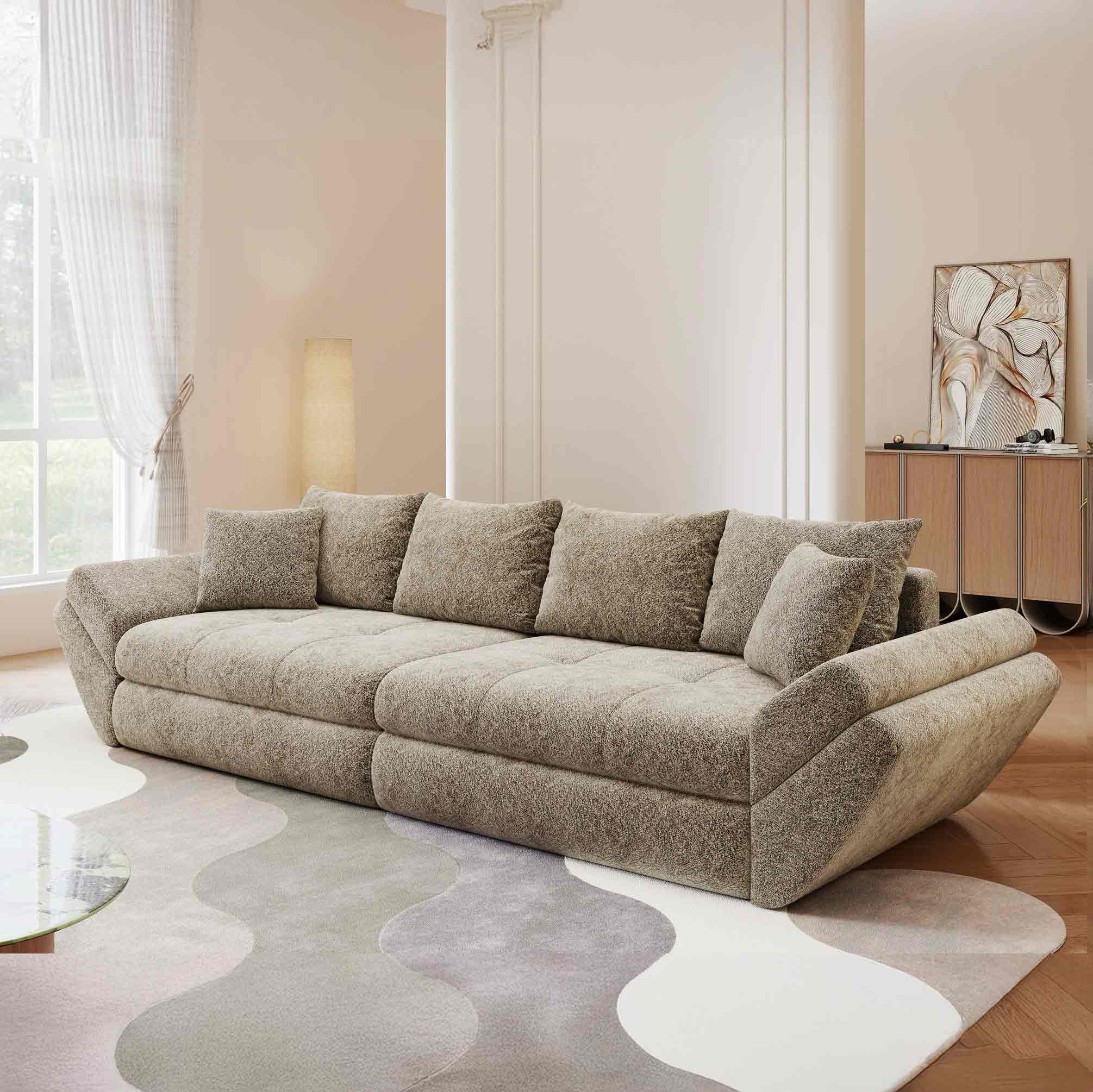 Dumonde kihúzható kanapé tárolórekesszel és kényelmes, nagy sűrűségű habszivacs ülőrésszel, Loana Arena Bézs 300x100 cm