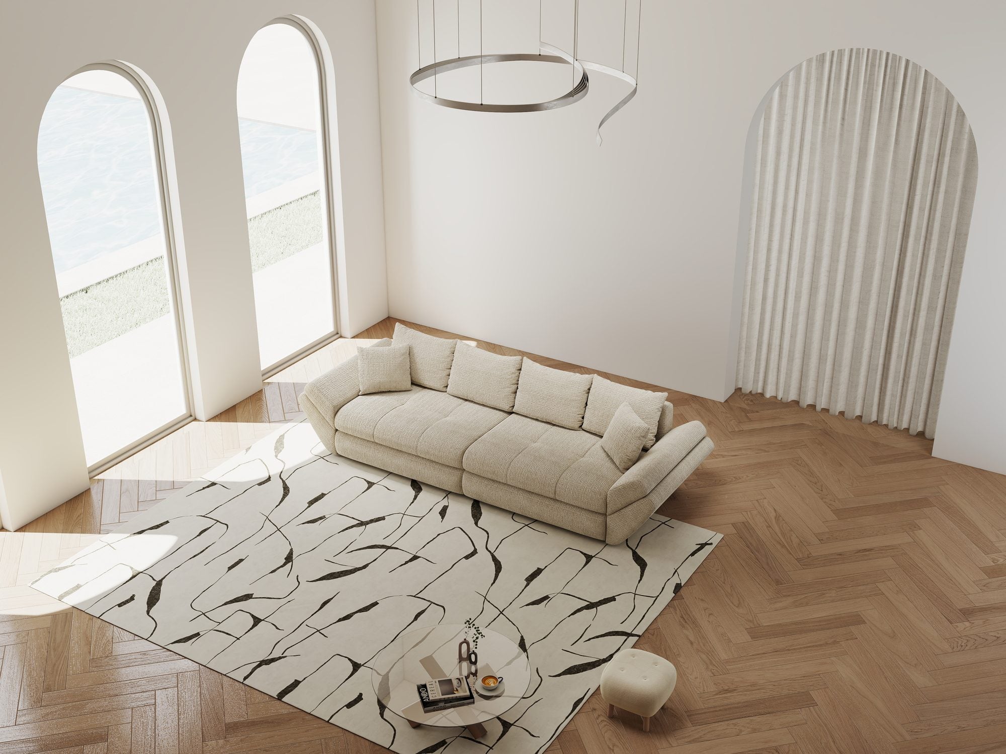 Dumonde kihúzható kanapé tárolórekesszel és kényelmes, nagy sűrűségű habszivacs ülőrésszel, Loana Cremona világosszürke 300x100 cm