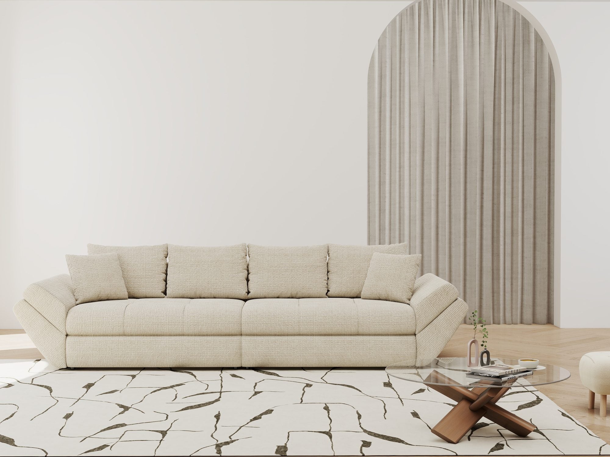 Dumonde kihúzható kanapé tárolórekesszel és kényelmes, nagy sűrűségű habszivacs ülőrésszel, Loana Cremona világosszürke 300x100 cm