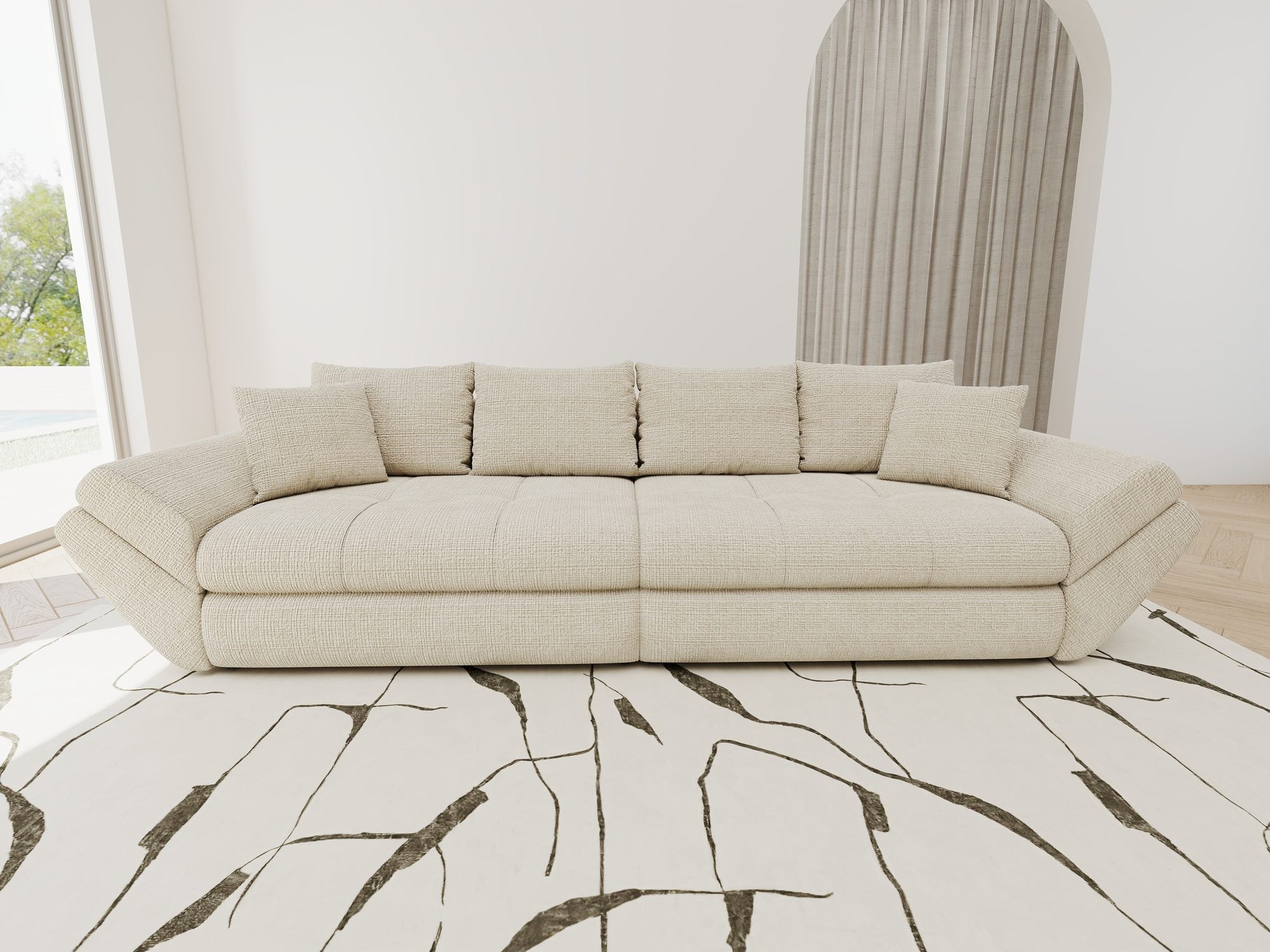 Dumonde kihúzható kanapé tárolórekesszel és kényelmes, nagy sűrűségű habszivacs ülőrésszel, Loana Cremona világosszürke 300x100 cm
