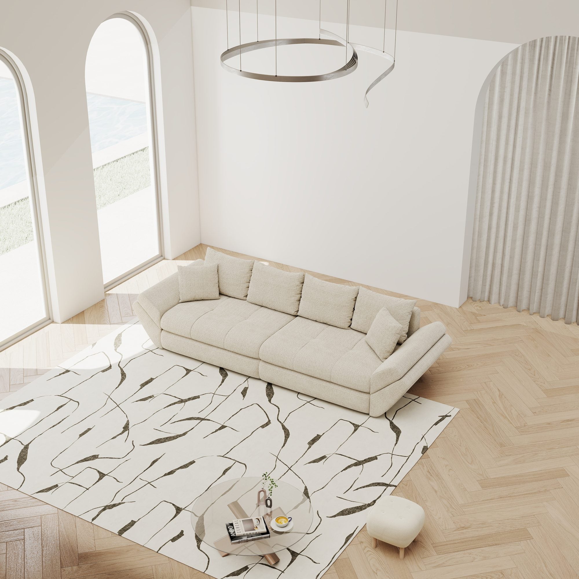 Dumonde kihúzható kanapé tárolórekesszel és kényelmes, nagy sűrűségű habszivacs ülőrésszel, Loana Cremona világosszürke 300x100 cm