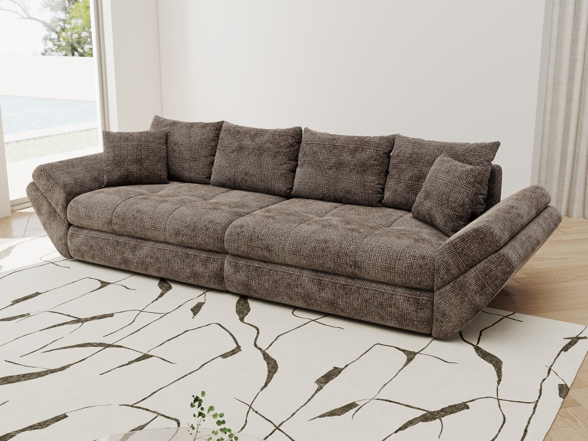 Dumonde kihúzható kanapé tárolórekesszel és kényelmes, nagy sűrűségű habszivacs ülőrésszel, Loana Cremona Barna-beige 300x100 cm