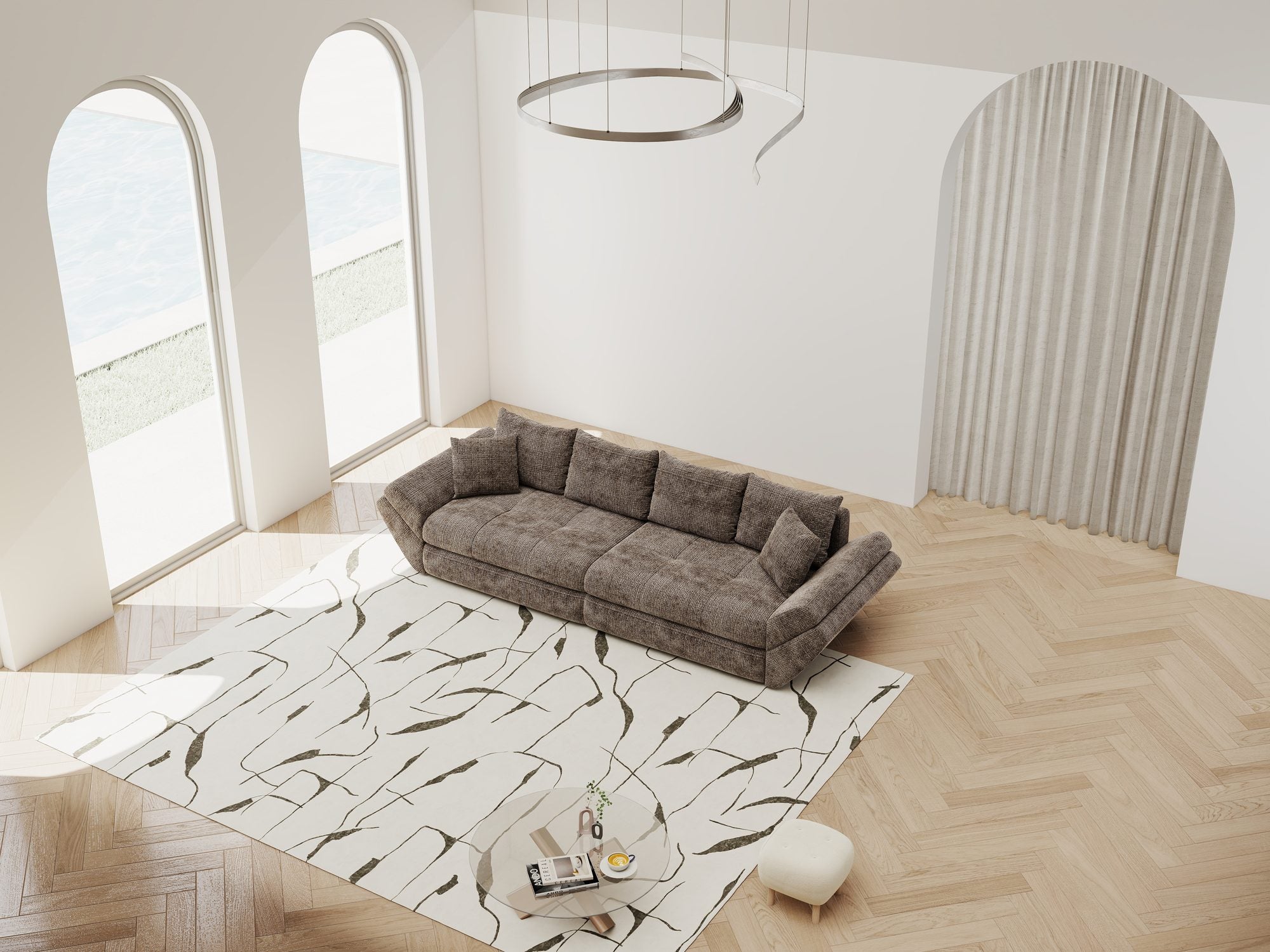 Dumonde kihúzható kanapé tárolórekesszel és kényelmes, nagy sűrűségű habszivacs ülőrésszel, Loana Cremona Barna-beige 300x100 cm