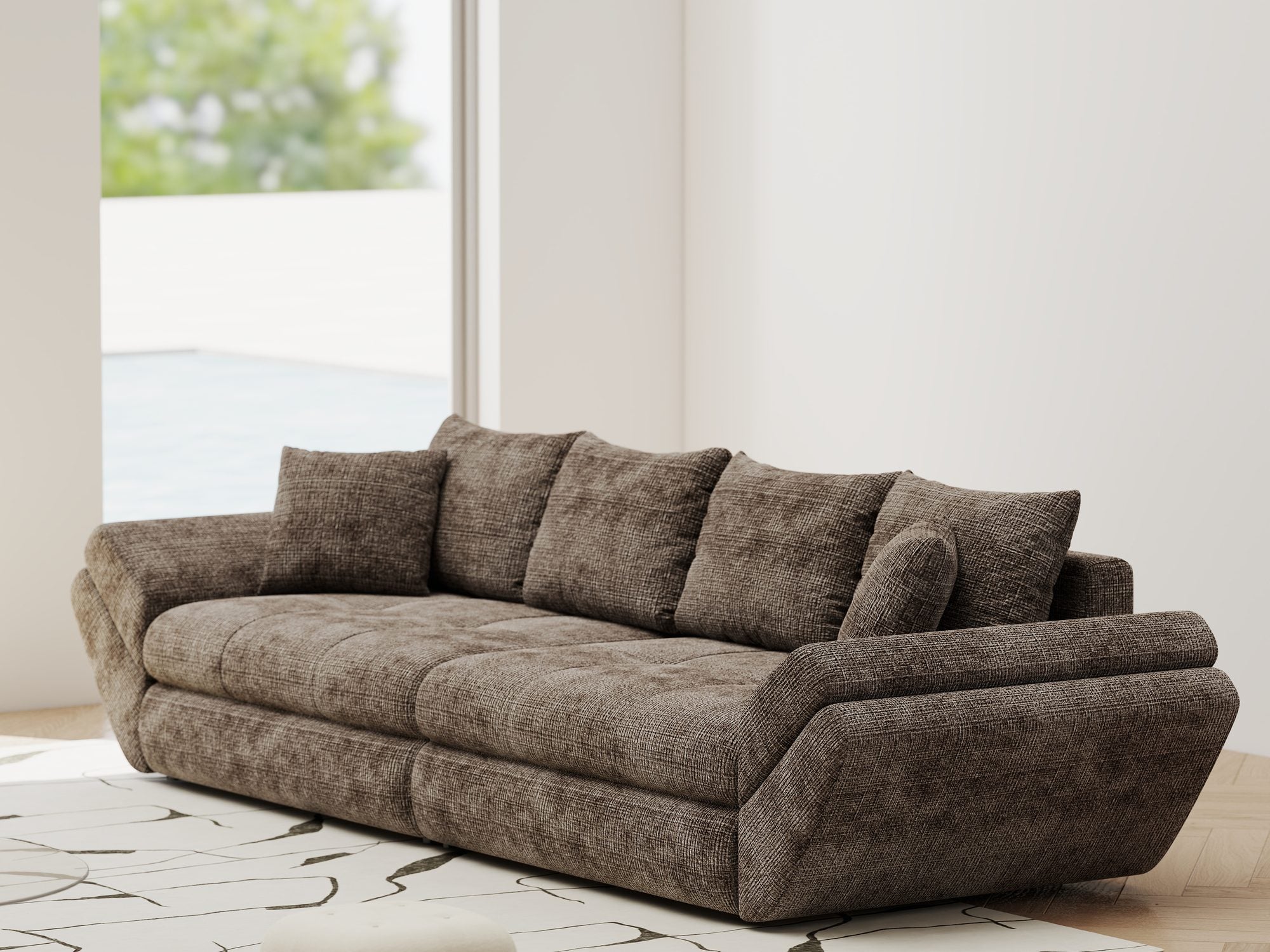 Dumonde kihúzható kanapé tárolórekesszel és kényelmes, nagy sűrűségű habszivacs ülőrésszel, Loana Cremona Barna-beige 300x100 cm