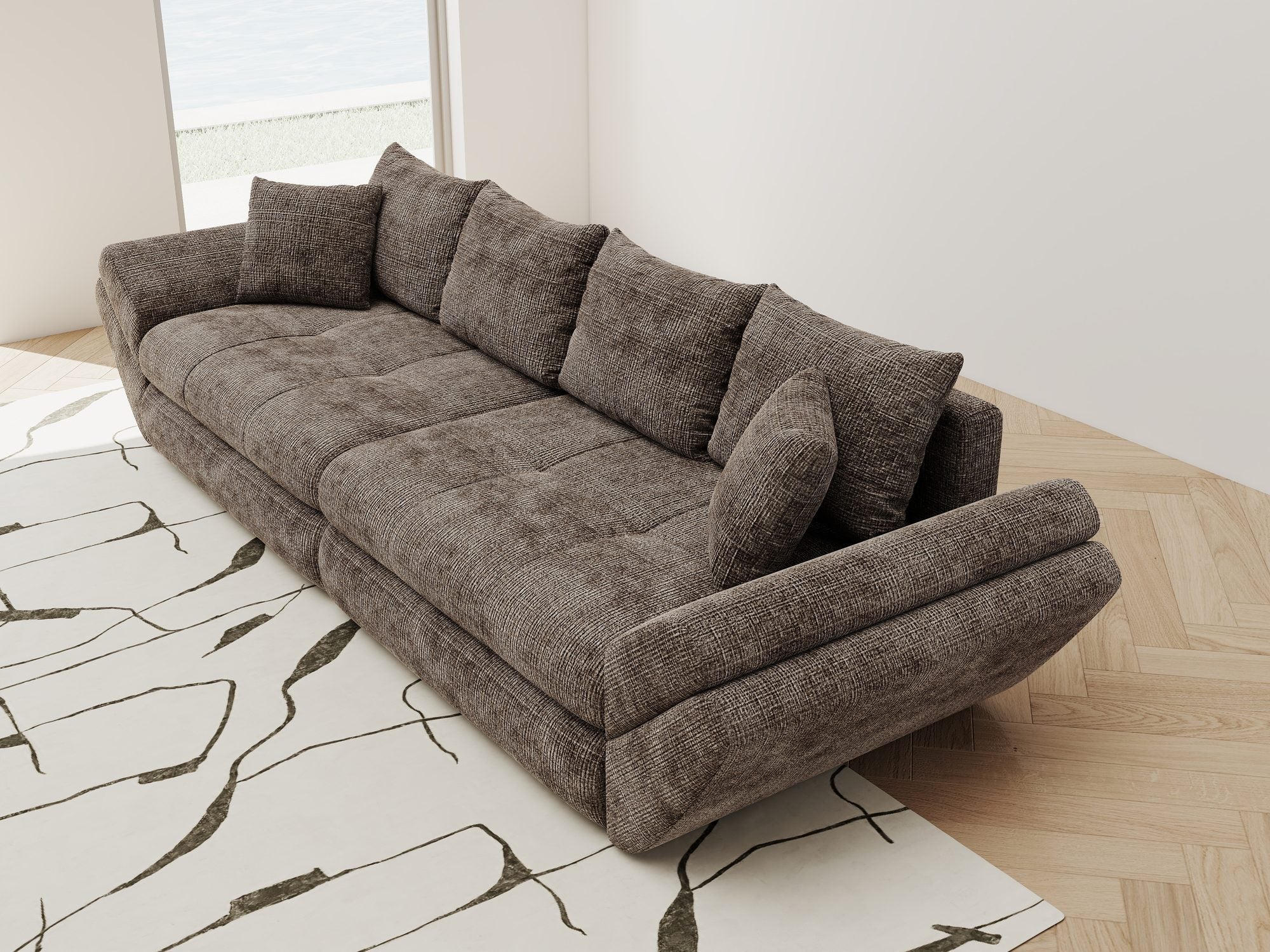 Dumonde kihúzható kanapé tárolórekesszel és kényelmes, nagy sűrűségű habszivacs ülőrésszel, Loana Cremona Barna-beige 300x100 cm