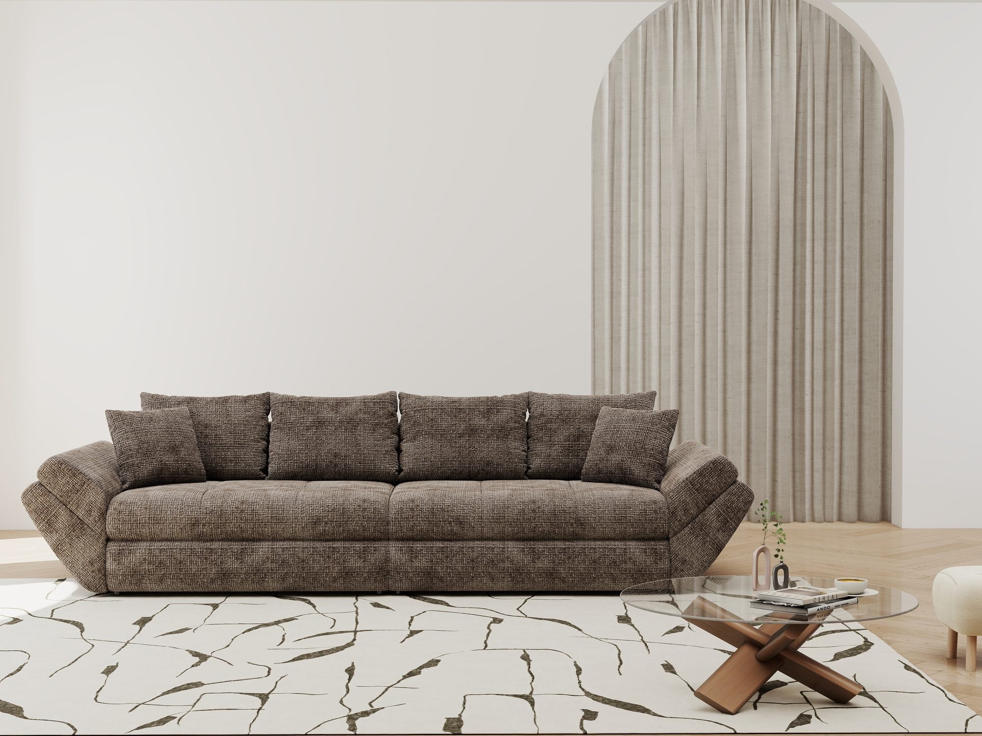 Dumonde kihúzható kanapé tárolórekesszel és kényelmes, nagy sűrűségű habszivacs ülőrésszel, Loana Cremona Barna-beige 300x100 cm