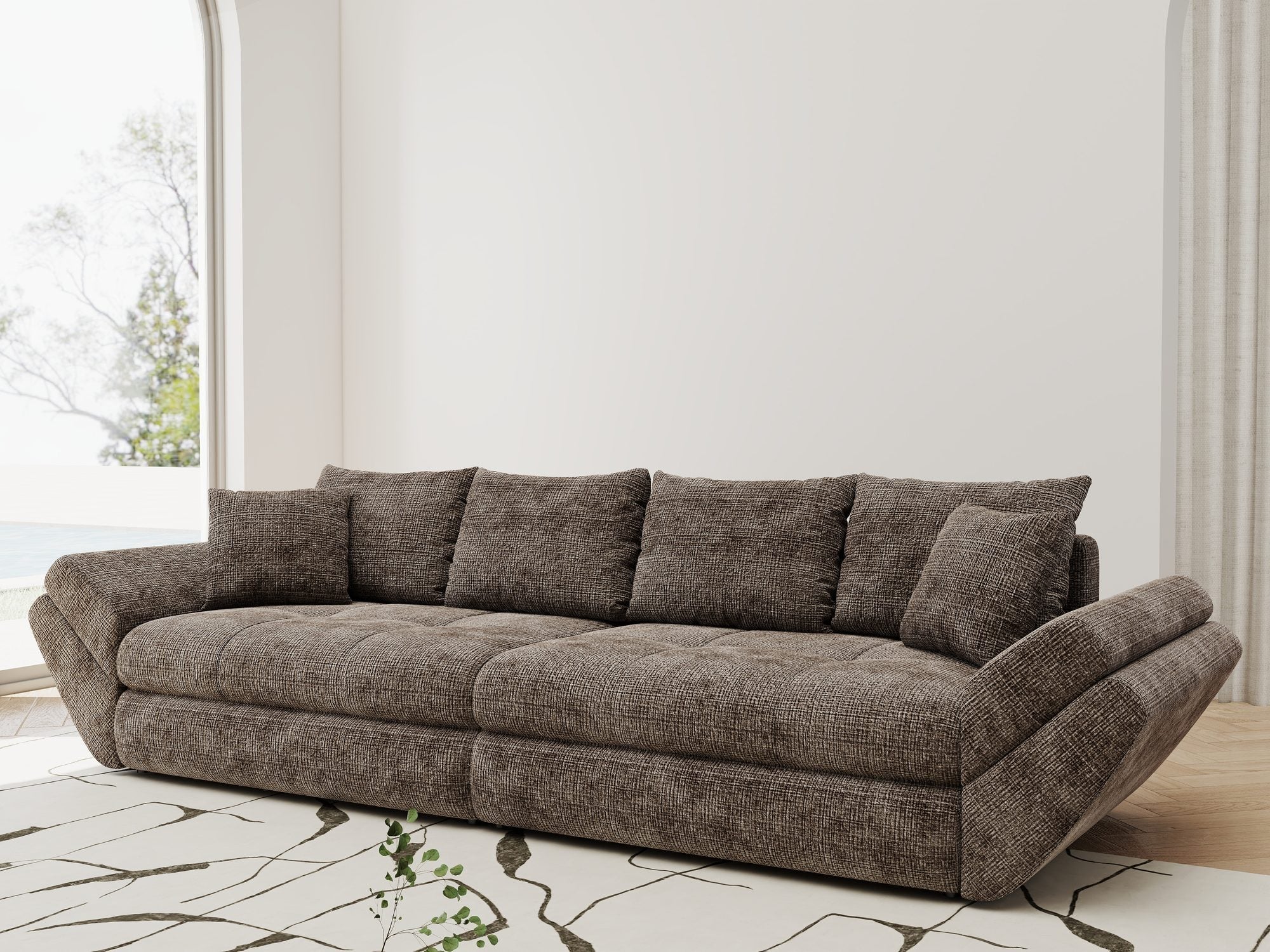 Dumonde kihúzható kanapé tárolórekesszel és kényelmes, nagy sűrűségű habszivacs ülőrésszel, Loana Cremona Barna-beige 300x100 cm