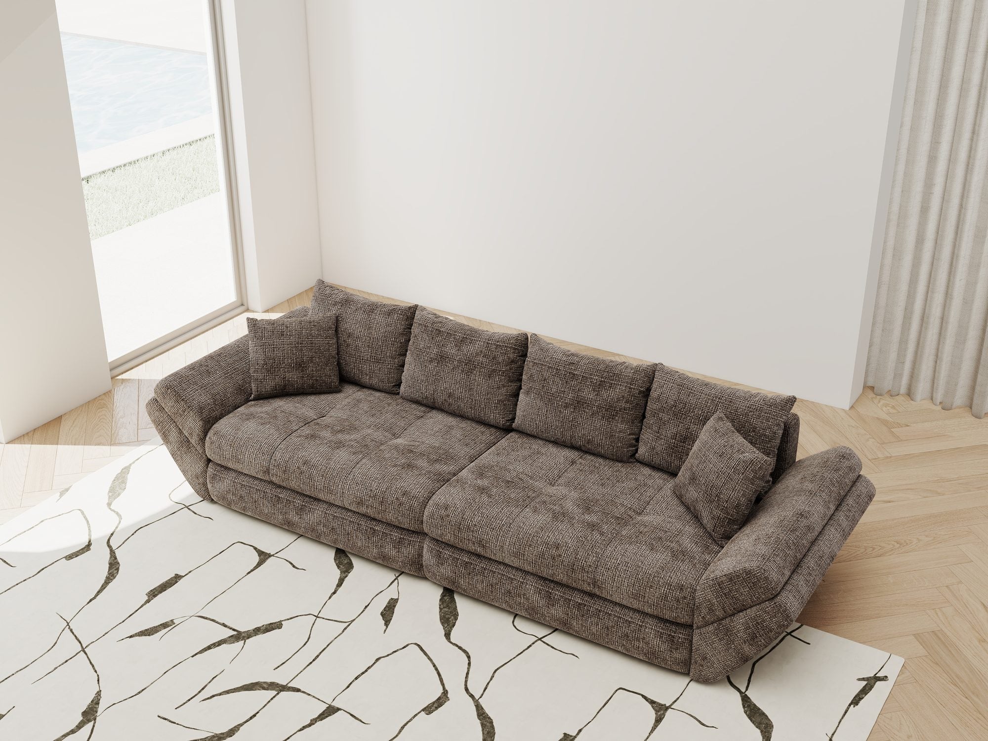 Dumonde kihúzható kanapé tárolórekesszel és kényelmes, nagy sűrűségű habszivacs ülőrésszel, Loana Cremona Barna-beige 300x100 cm