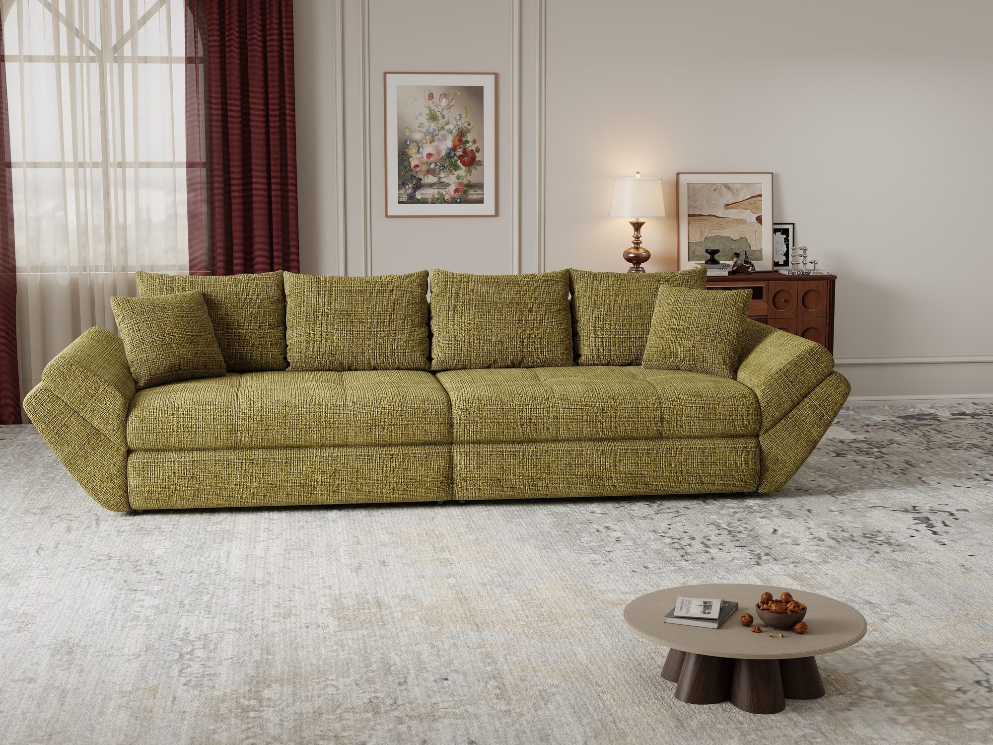 Dumonde kihúzható kanapé tárolórekesszel és kényelmes, nagy sűrűségű habszivacs ülőrésszel, Loana Cremona Olive 300x100 cm