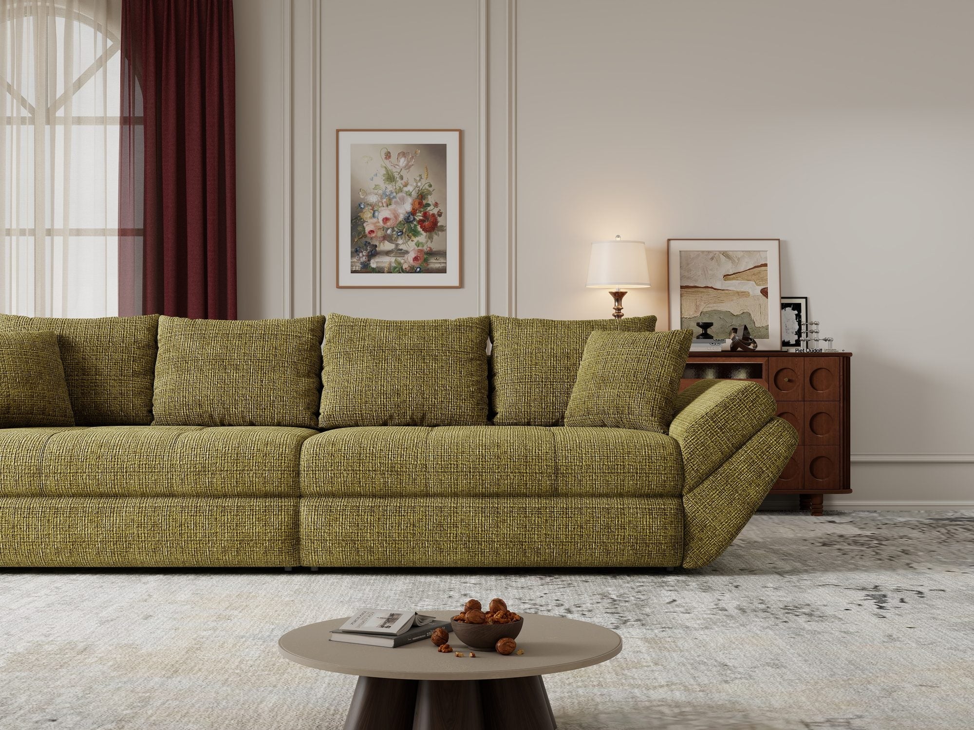 Dumonde kihúzható kanapé tárolórekesszel és kényelmes, nagy sűrűségű habszivacs ülőrésszel, Loana Cremona Olive 300x100 cm