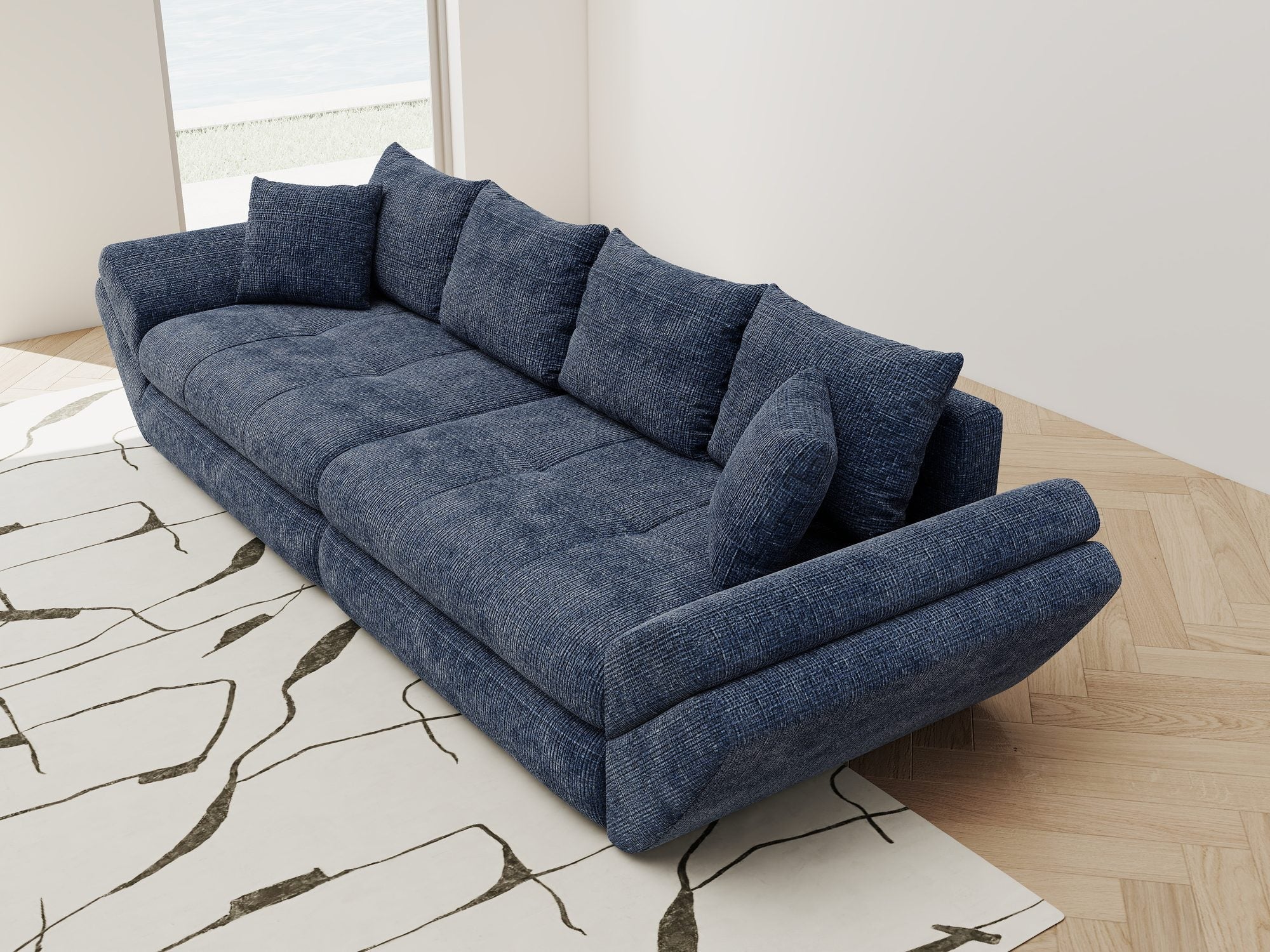Dumonde kihúzható kanapé tárolórekesszel és kényelmes, nagy sűrűségű habszivacs ülőrésszel, Loana Cremona Kék 300x100 cm