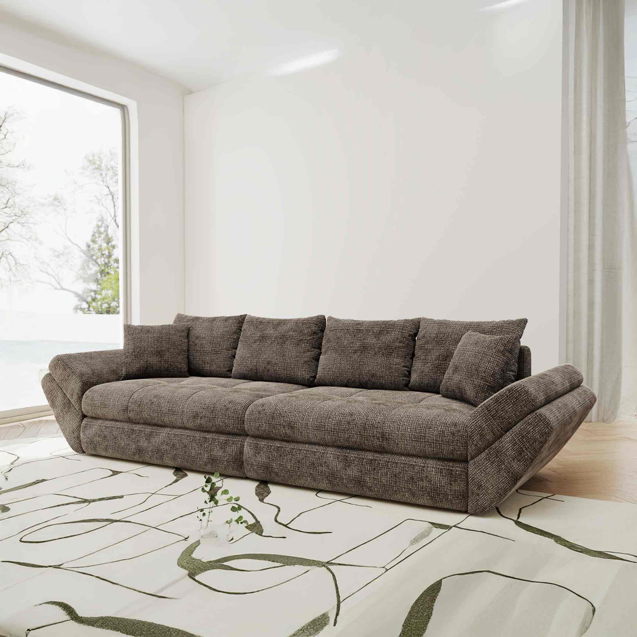 Dumonde kihúzható kanapé tárolórekesszel és kényelmes, nagy sűrűségű habszivacs ülőrésszel, Loana Cremona Barna-beige 300x100 cm
