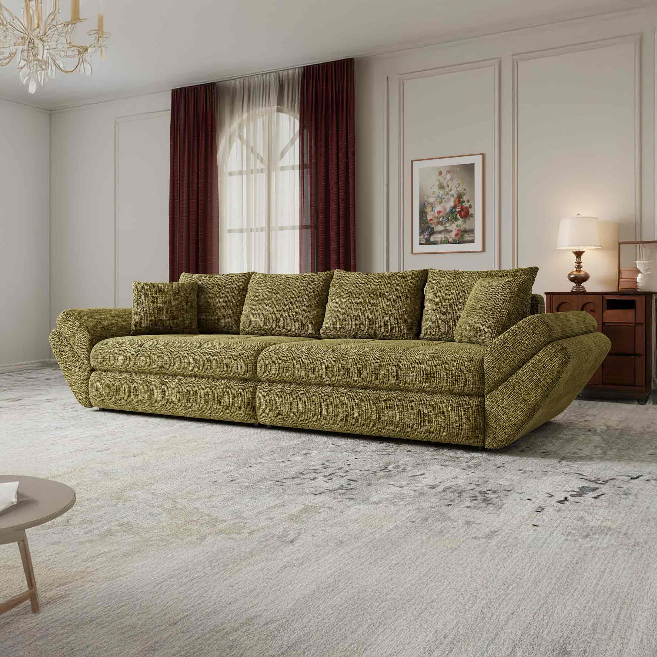 Dumonde kihúzható kanapé tárolórekesszel és kényelmes, nagy sűrűségű habszivacs ülőrésszel, Loana Cremona Olive 300x100 cm