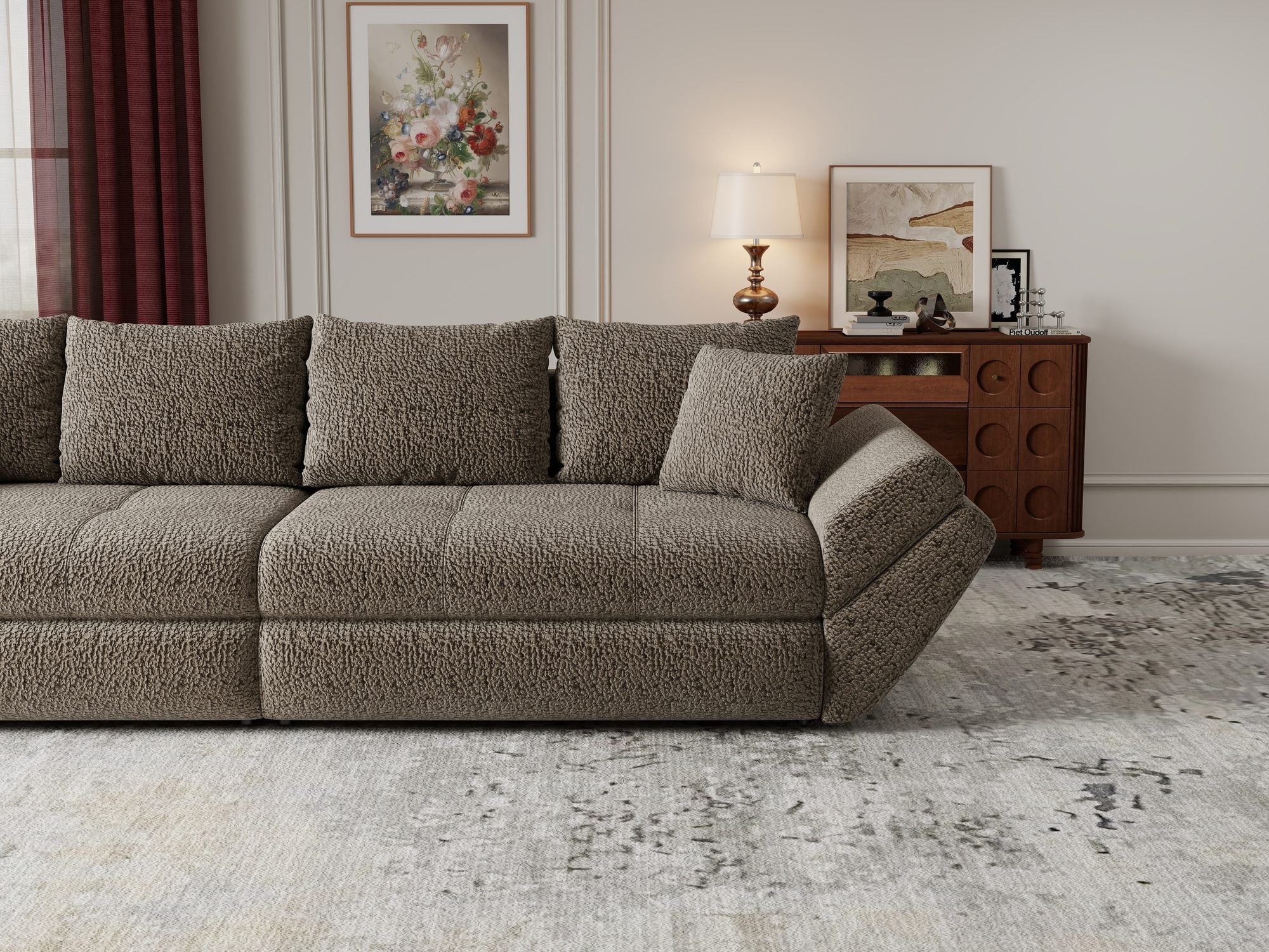 Dumonde kihúzható kanapé tárolórekesszel és kényelmes, nagy sűrűségű habszivacs ülőrésszel, Loana Jaguar Barna cappuccino 300x100 cm
