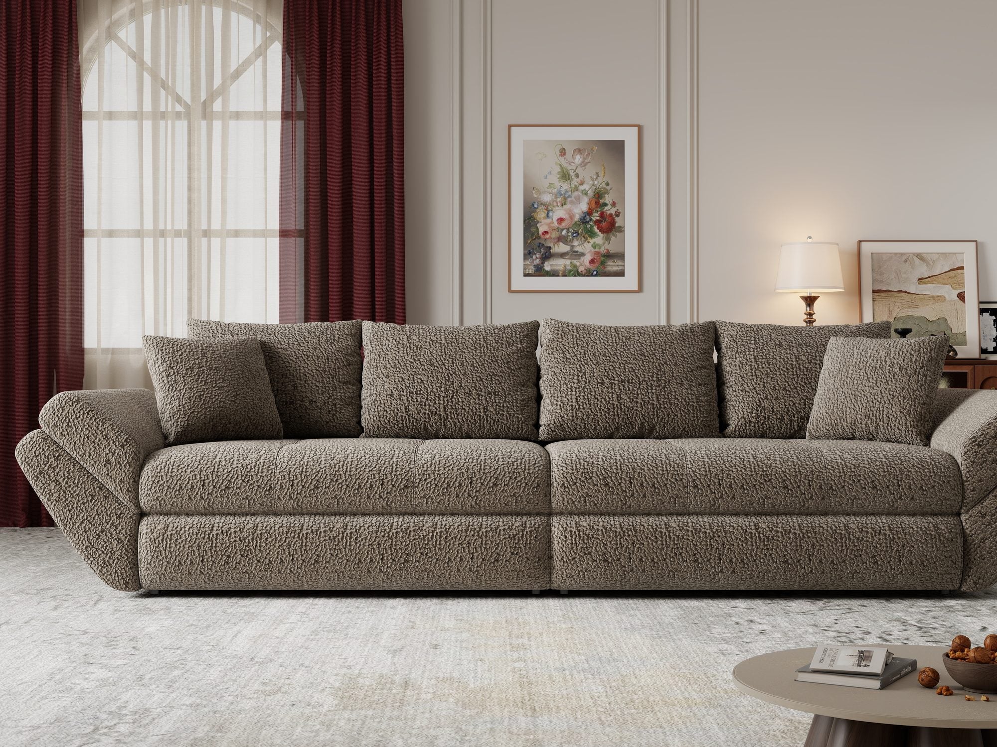 Dumonde kihúzható kanapé tárolórekesszel és kényelmes, nagy sűrűségű habszivacs ülőrésszel, Loana Jaguar Barna cappuccino 300x100 cm
