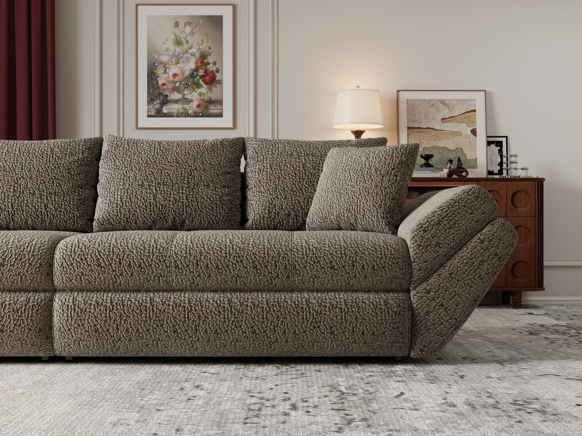 Dumonde kihúzható kanapé tárolórekesszel és kényelmes, nagy sűrűségű habszivacs ülőrésszel, Loana Jaguar Barna cappuccino 300x100 cm