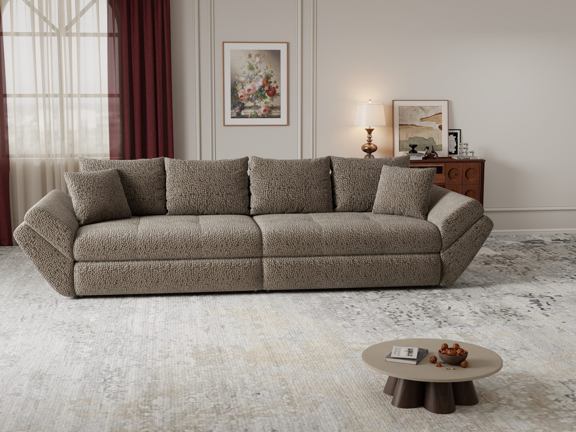Dumonde kihúzható kanapé tárolórekesszel és kényelmes, nagy sűrűségű habszivacs ülőrésszel, Loana Jaguar Barna cappuccino 300x100 cm