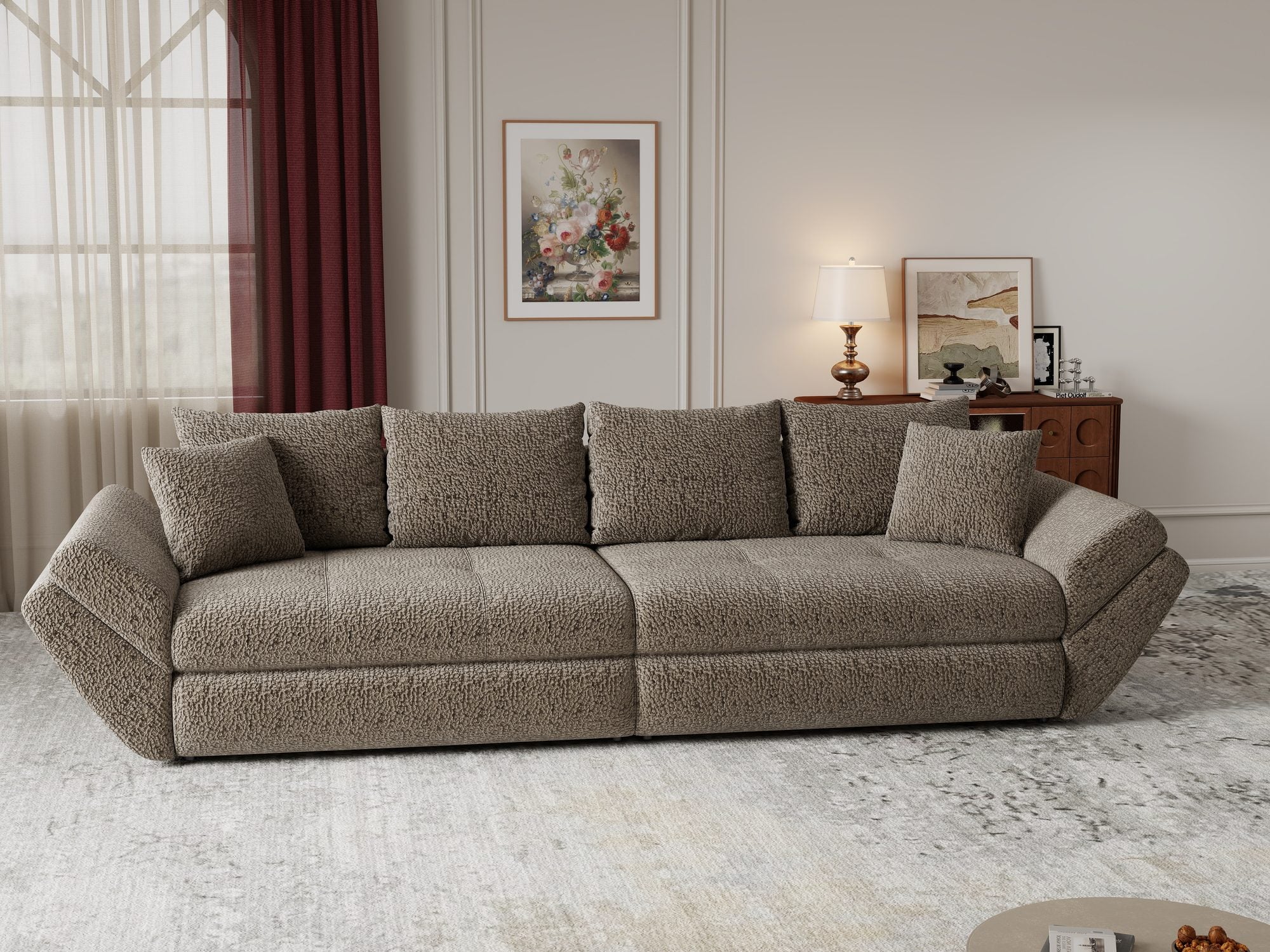 Dumonde kihúzható kanapé tárolórekesszel és kényelmes, nagy sűrűségű habszivacs ülőrésszel, Loana Jaguar Barna cappuccino 300x100 cm
