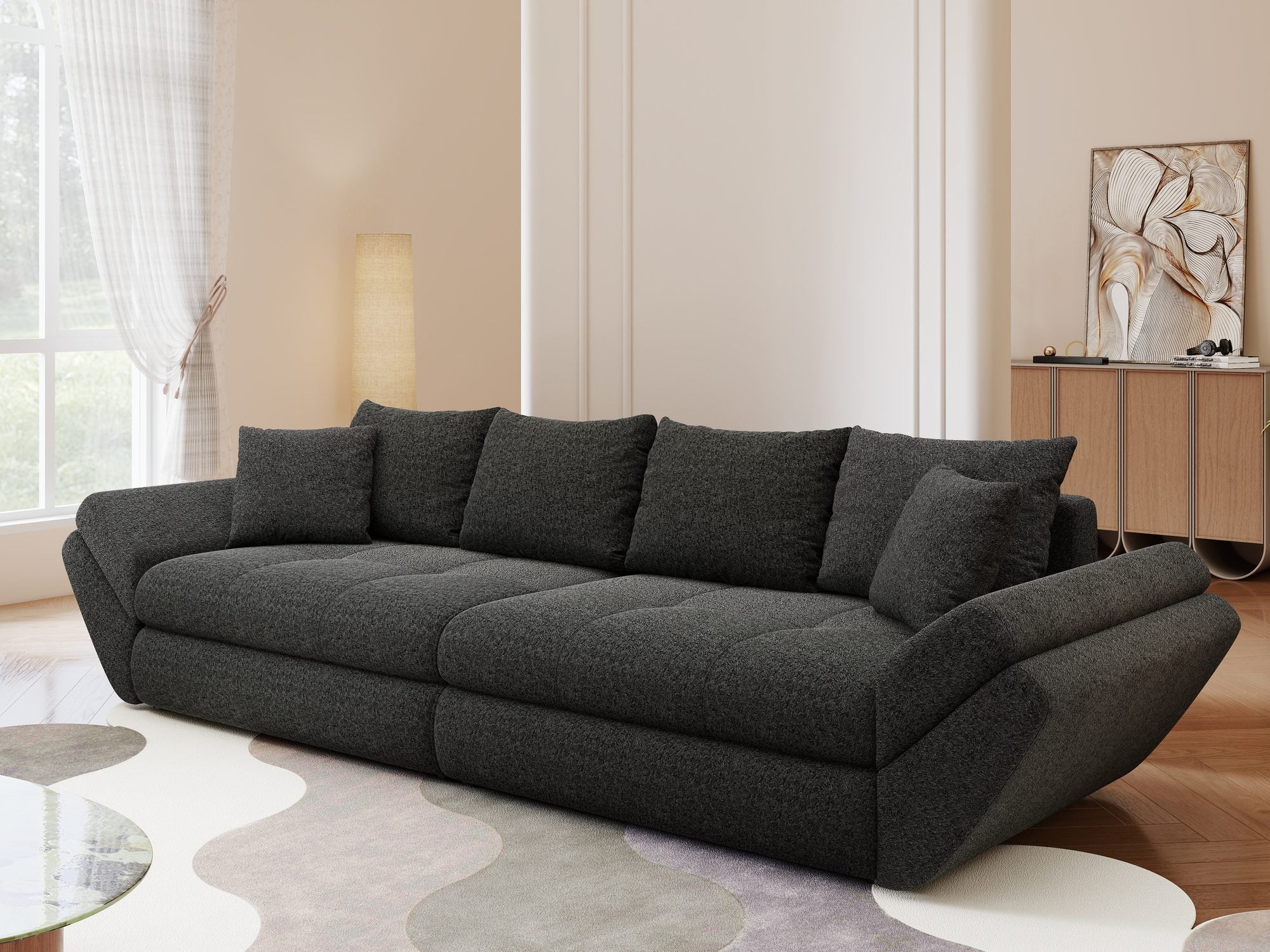 Dumonde kihúzható kanapé tárolórekesszel és kényelmes, nagy sűrűségű habszivacs ülőrésszel, Loana Monte Fekete 300x100 cm