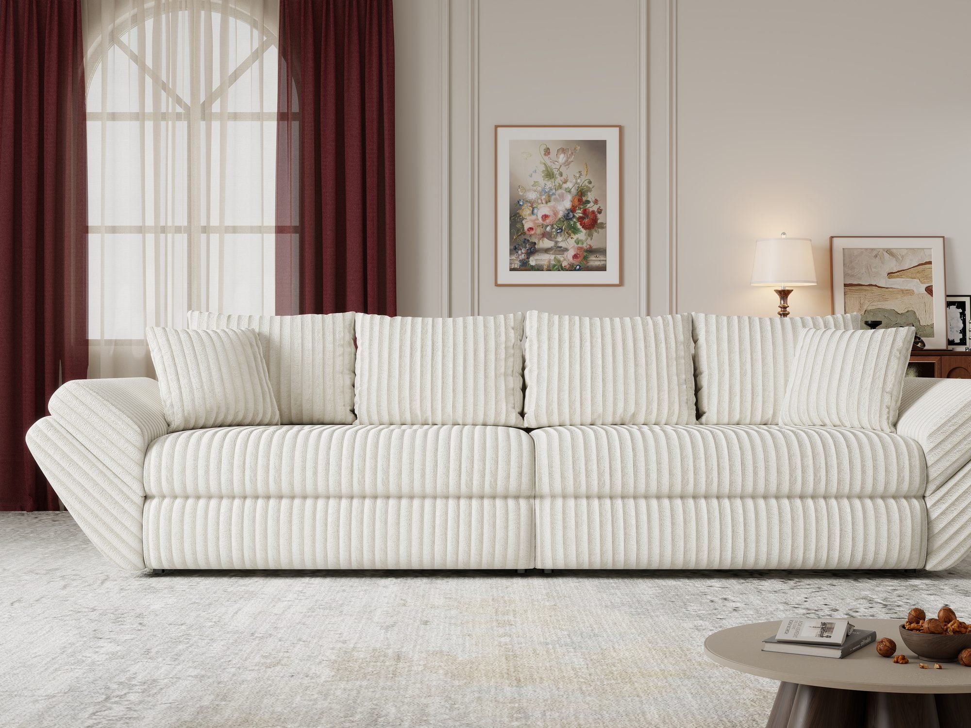 Dumonde kihúzható kanapé tárolórekesszel és kényelmes, nagy sűrűségű habszivacs ülőrésszel, Loana Tilia Bézs 300x100 cm