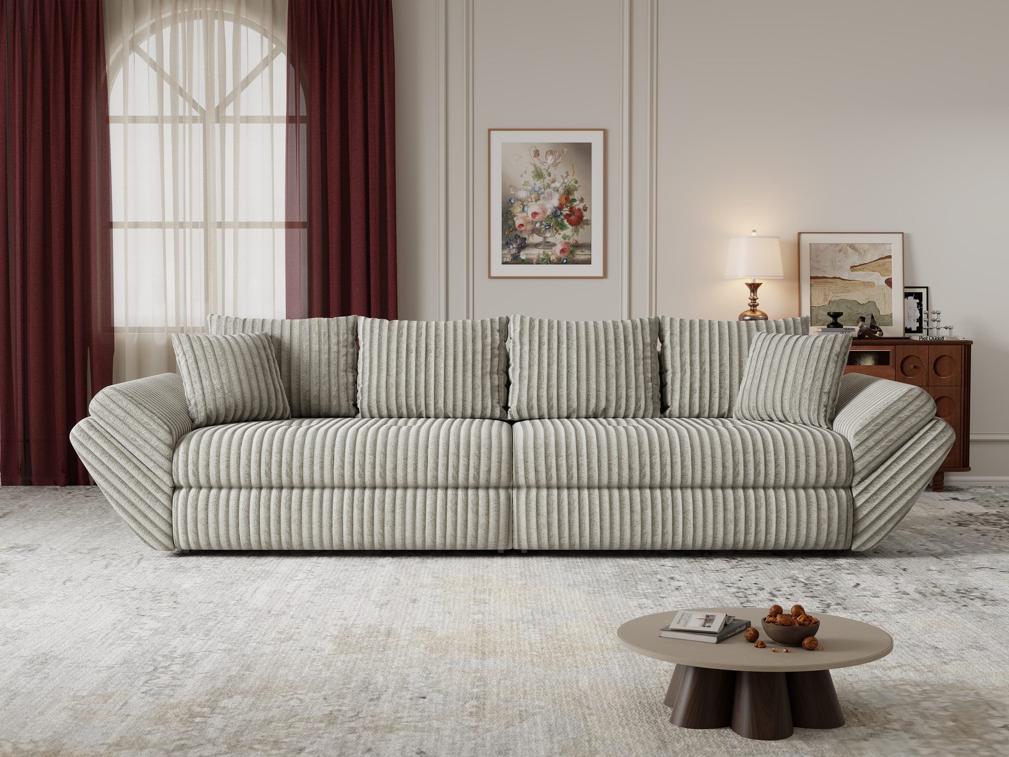 Dumonde kihúzható kanapé tároló rekesszel és kényelmes, nagy sűrűségű habszivacsból készült ülőfelülettel, Loana Tilia Szürke-beige 300x100 cm