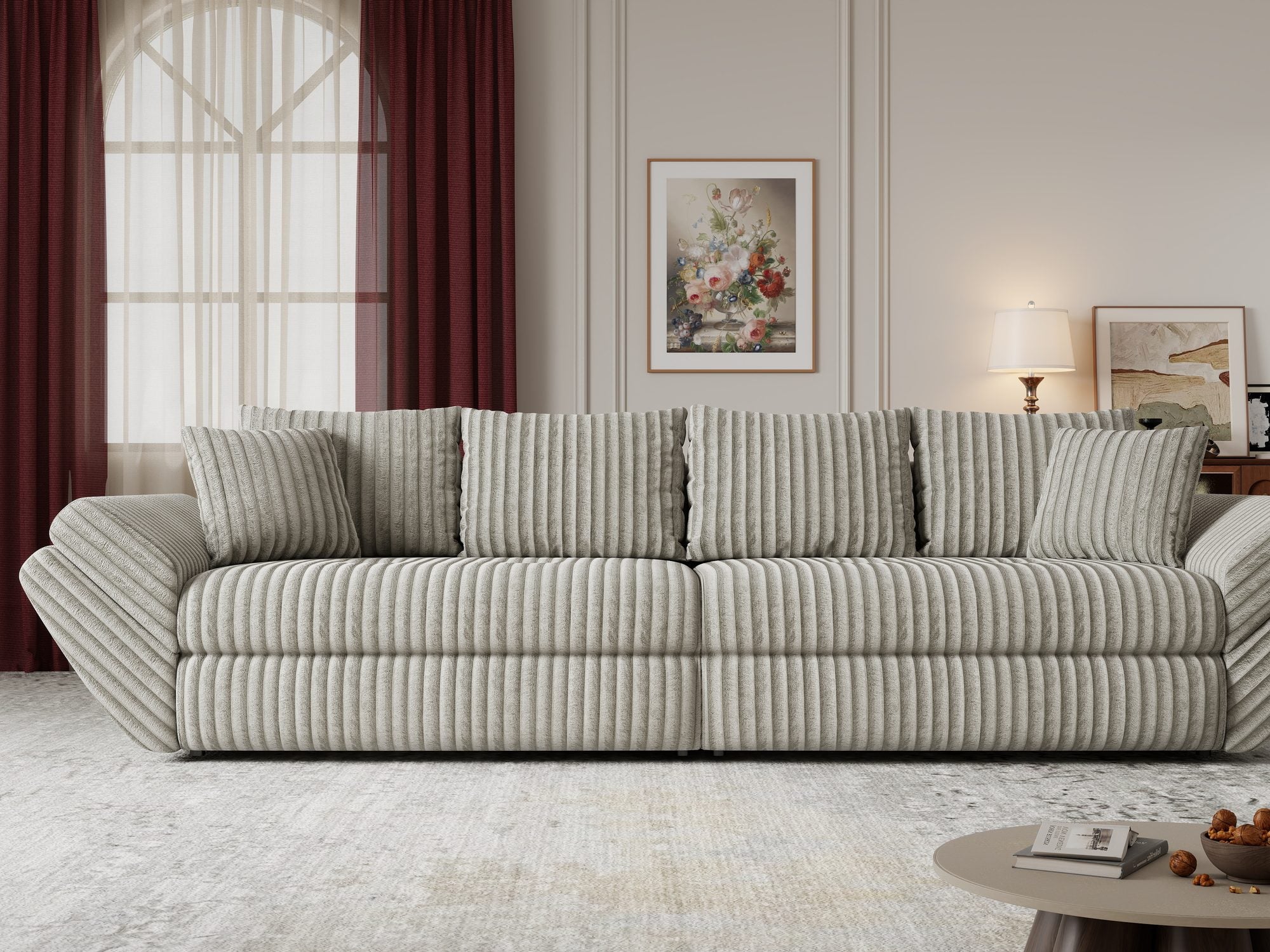 Dumonde kihúzható kanapé tároló rekesszel és kényelmes, nagy sűrűségű habszivacsból készült ülőfelülettel, Loana Tilia Szürke-beige 300x100 cm