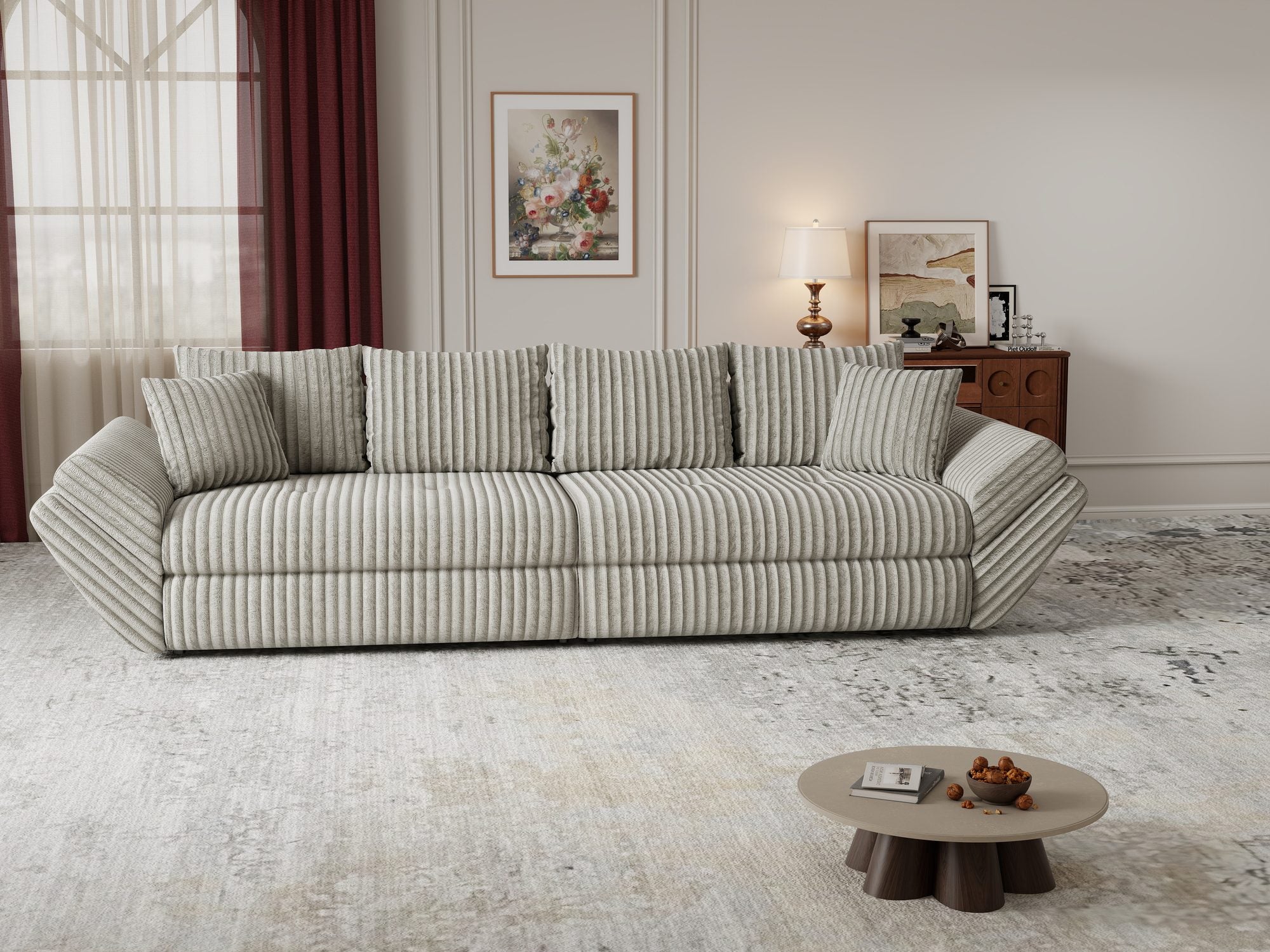 Dumonde kihúzható kanapé tároló rekesszel és kényelmes, nagy sűrűségű habszivacsból készült ülőfelülettel, Loana Tilia Szürke-beige 300x100 cm