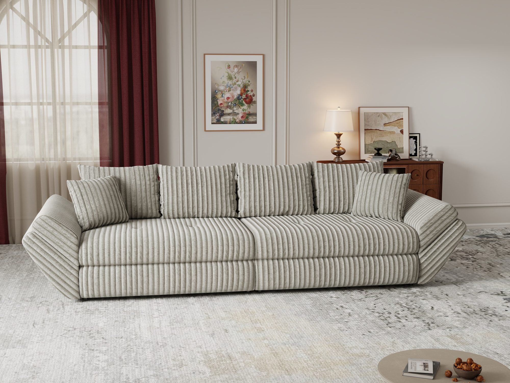 Dumonde kihúzható kanapé tároló rekesszel és kényelmes, nagy sűrűségű habszivacsból készült ülőfelülettel, Loana Tilia Szürke-beige 300x100 cm