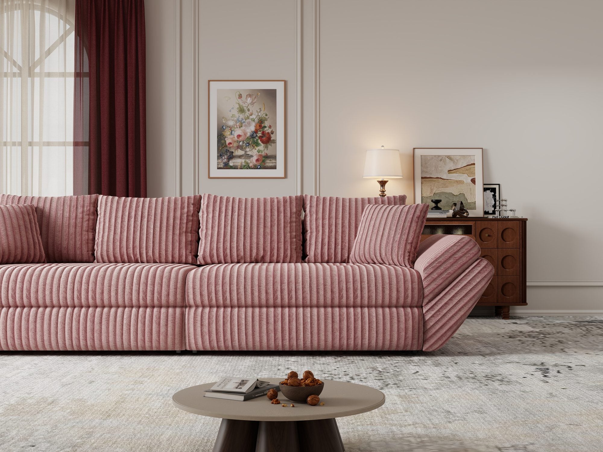 Dumonde kihúzható kanapé tárolórekesszel és kényelmes, nagy sűrűségű habszivacs ülőrésszel, Loana Tilia Poros rózsaszín 300x100 cm