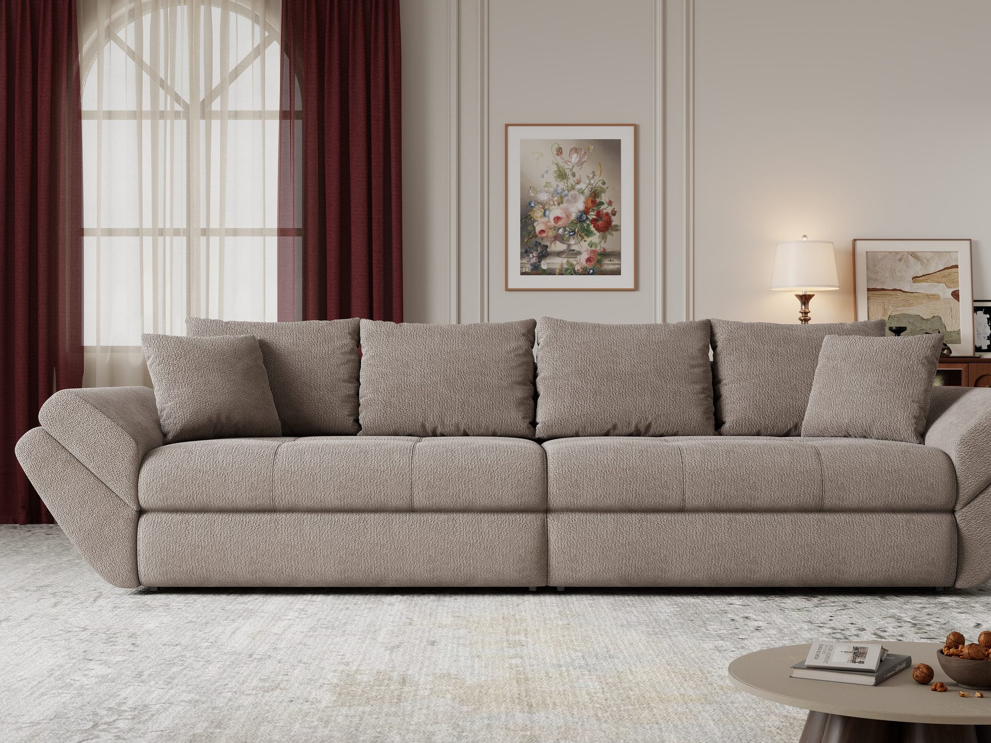 Dumonde kihúzható kanapé tárolórekesszel és kényelmes, nagy sűrűségű habszivacs ülőrésszel, Loana Vibe Barna 300x100 cm