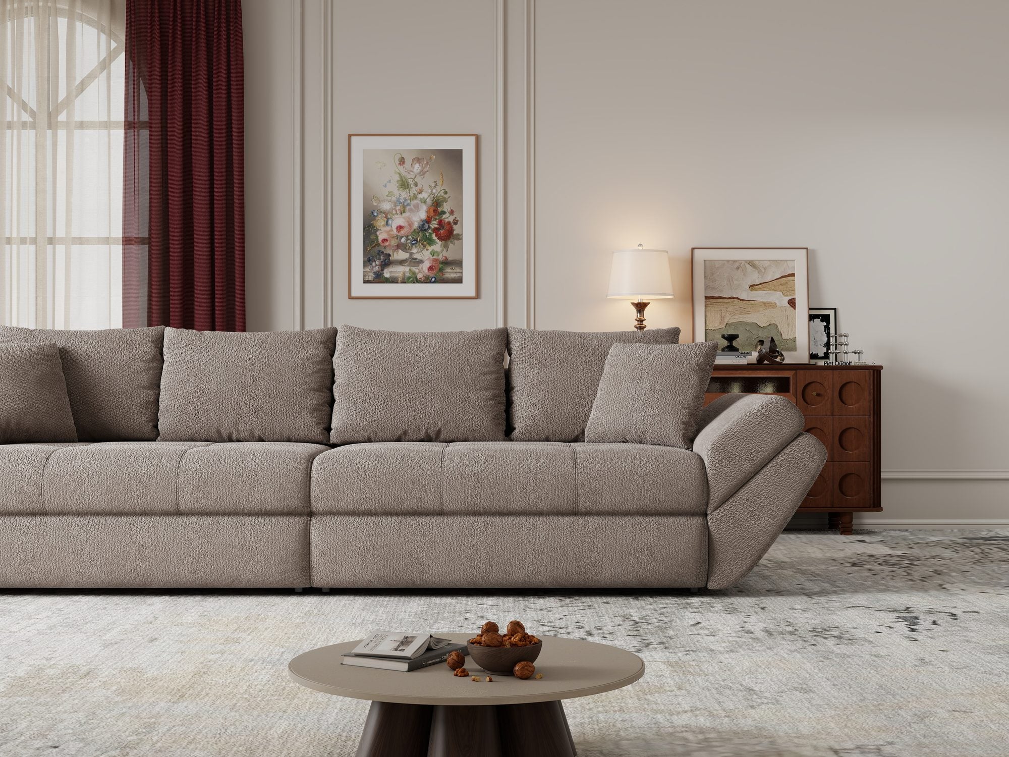 Dumonde kihúzható kanapé tárolórekesszel és kényelmes, nagy sűrűségű habszivacs ülőrésszel, Loana Vibe Barna 300x100 cm