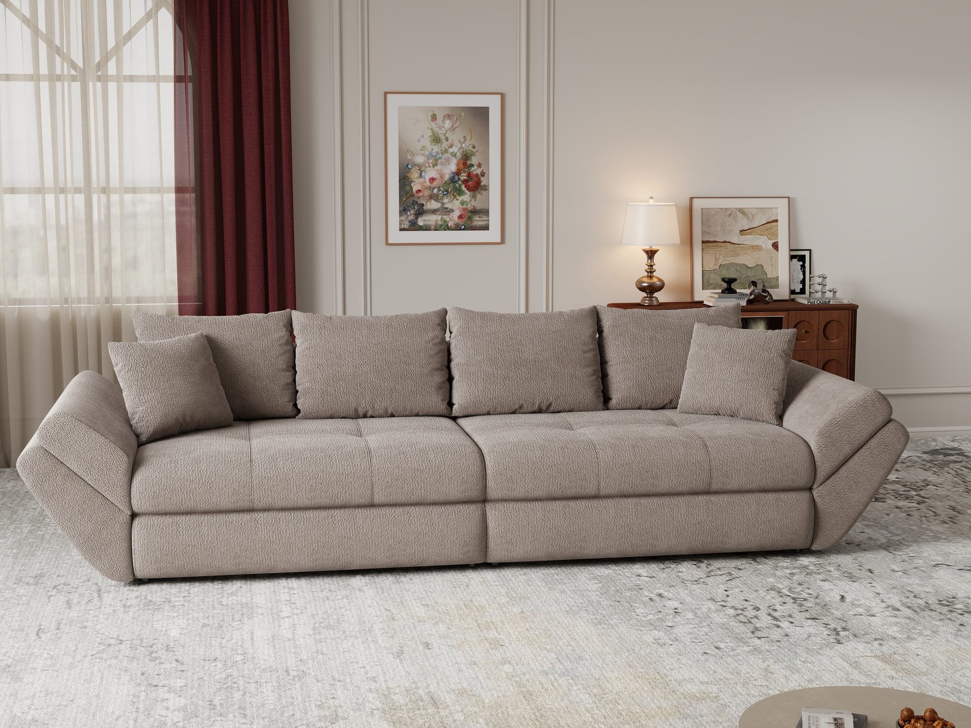 Dumonde kihúzható kanapé tárolórekesszel és kényelmes, nagy sűrűségű habszivacs ülőrésszel, Loana Vibe Barna 300x100 cm