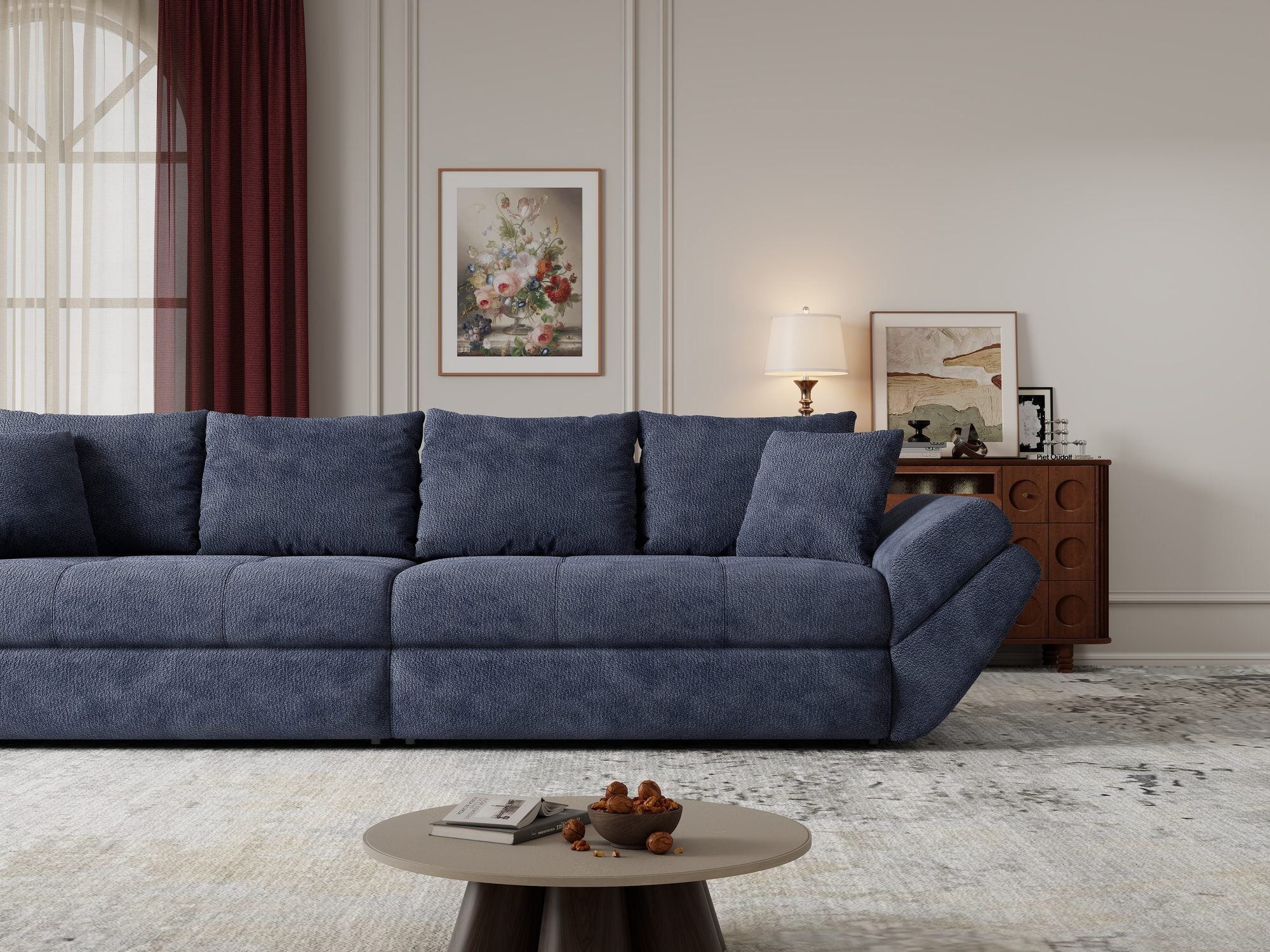 Dumonde kihúzható kanapé tárolórekesszel és kényelmes, nagy sűrűségű habszivacs ülőrésszel, Loana Vibe Kék 300x100 cm