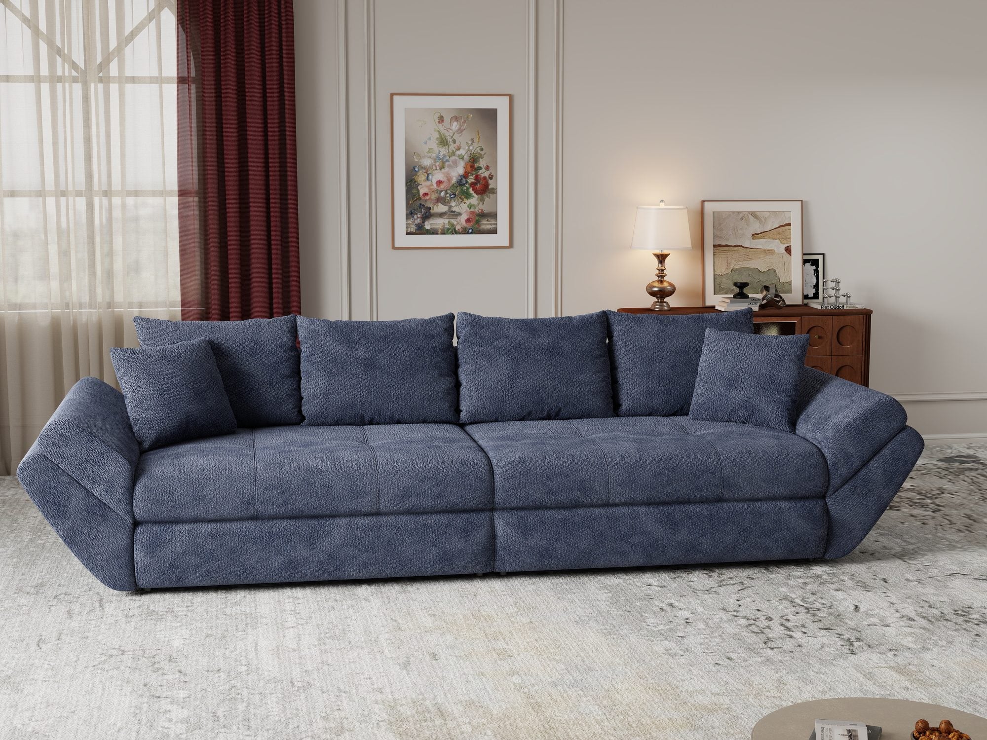 Dumonde kihúzható kanapé tárolórekesszel és kényelmes, nagy sűrűségű habszivacs ülőrésszel, Loana Vibe Kék 300x100 cm
