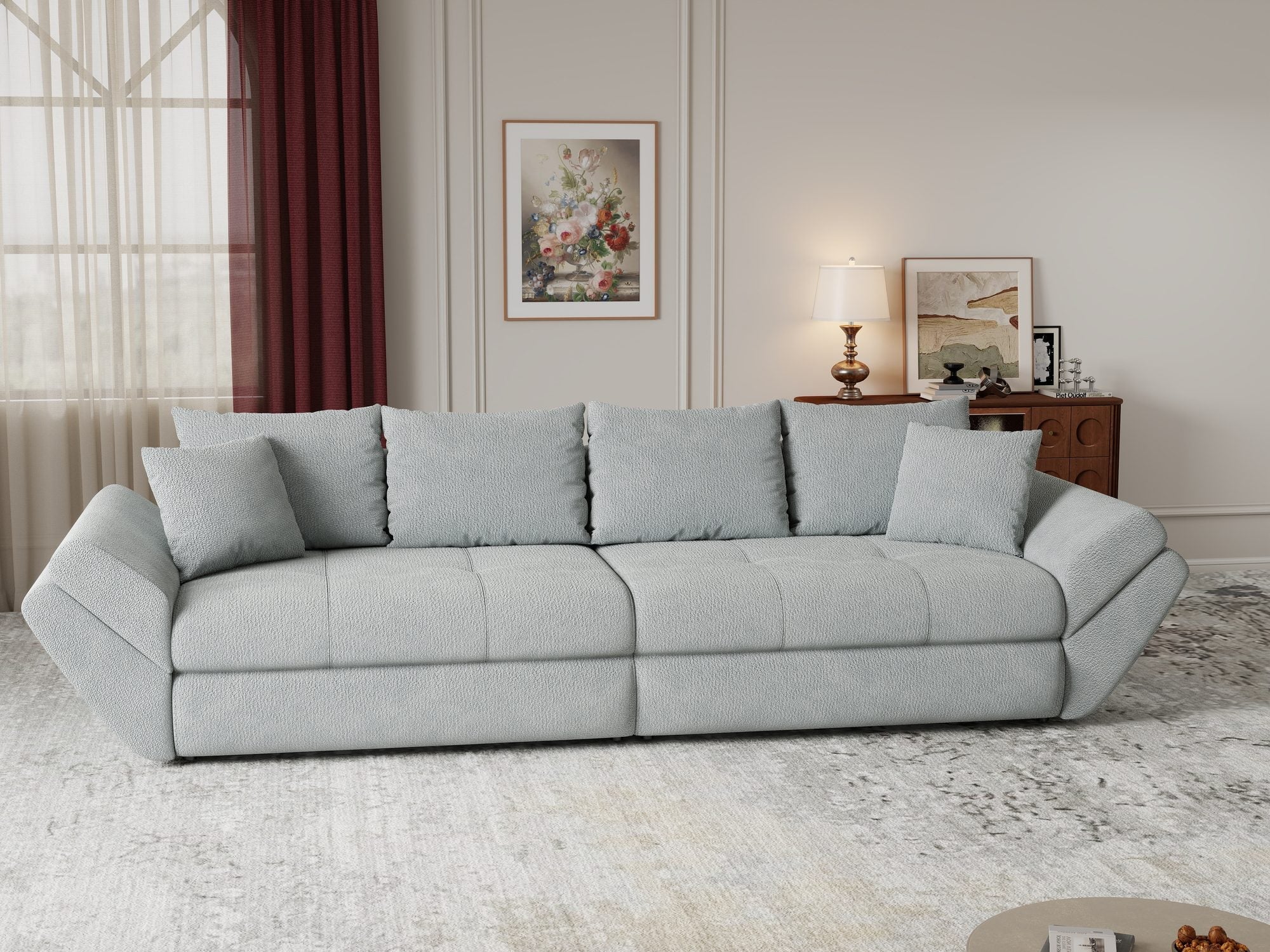 Dumonde kihúzható kanapé tárolórekesszel és kényelmes, nagy sűrűségű habszivacs ülőrésszel, Loana Vibe Mint 300x100 cm