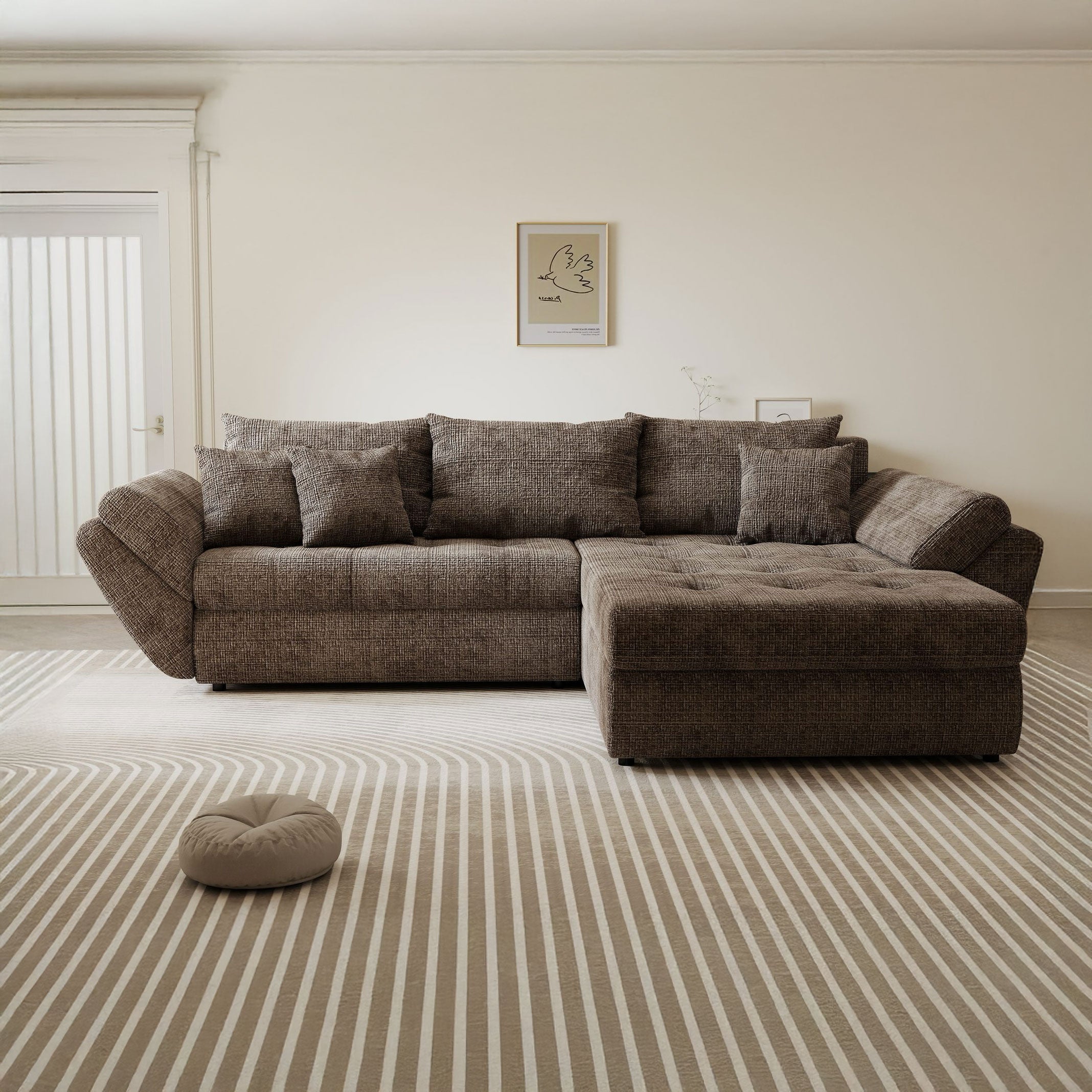 dumonde kihúzható sarokkanapé tárolórekesszel és kényelmes, nagy sűrűségű habszivacs ülőrésszel, Loana Cremona Barna-beige II 270x185 cm