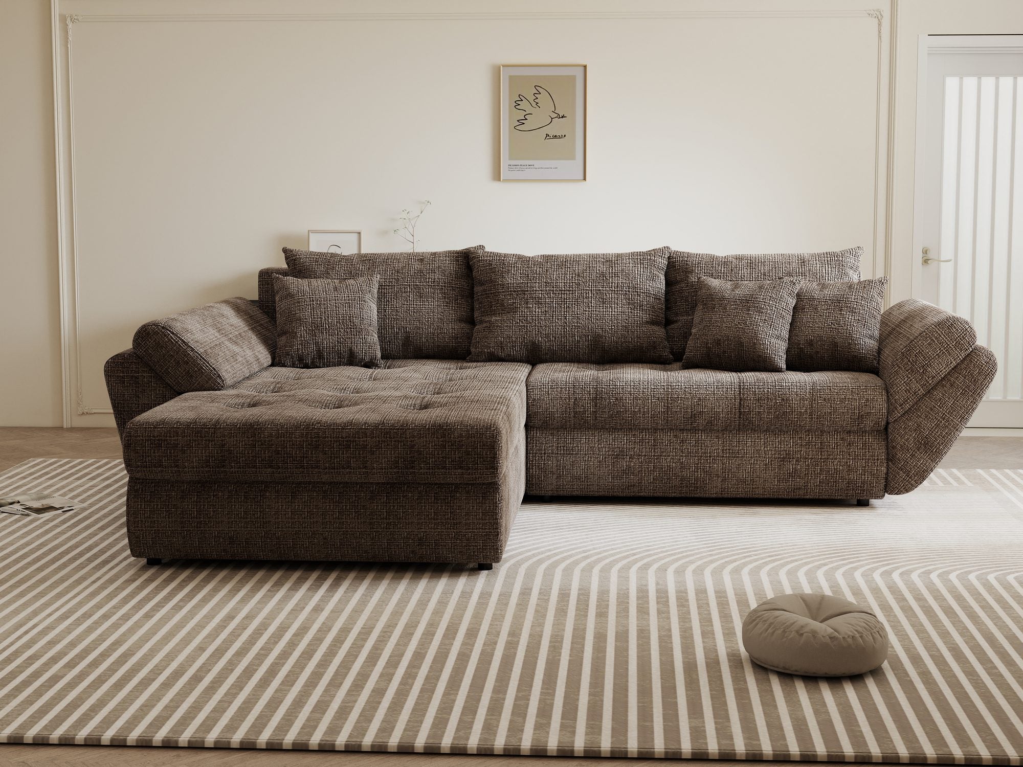 dumonde kihúzható sarokkanapé tárolórekesszel és kényelmes, nagy sűrűségű habszivacs ülőrésszel, Loana Cremona Barna-beige 270x185 cm