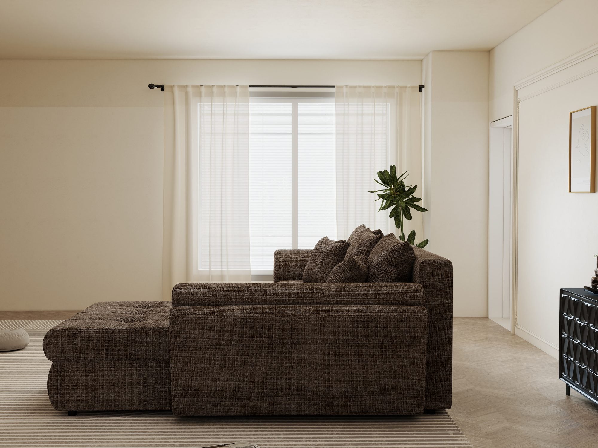 dumonde kihúzható sarokkanapé tárolórekesszel és kényelmes, nagy sűrűségű habszivacs ülőrésszel, Loana Cremona Barna-beige II 270x185 cm