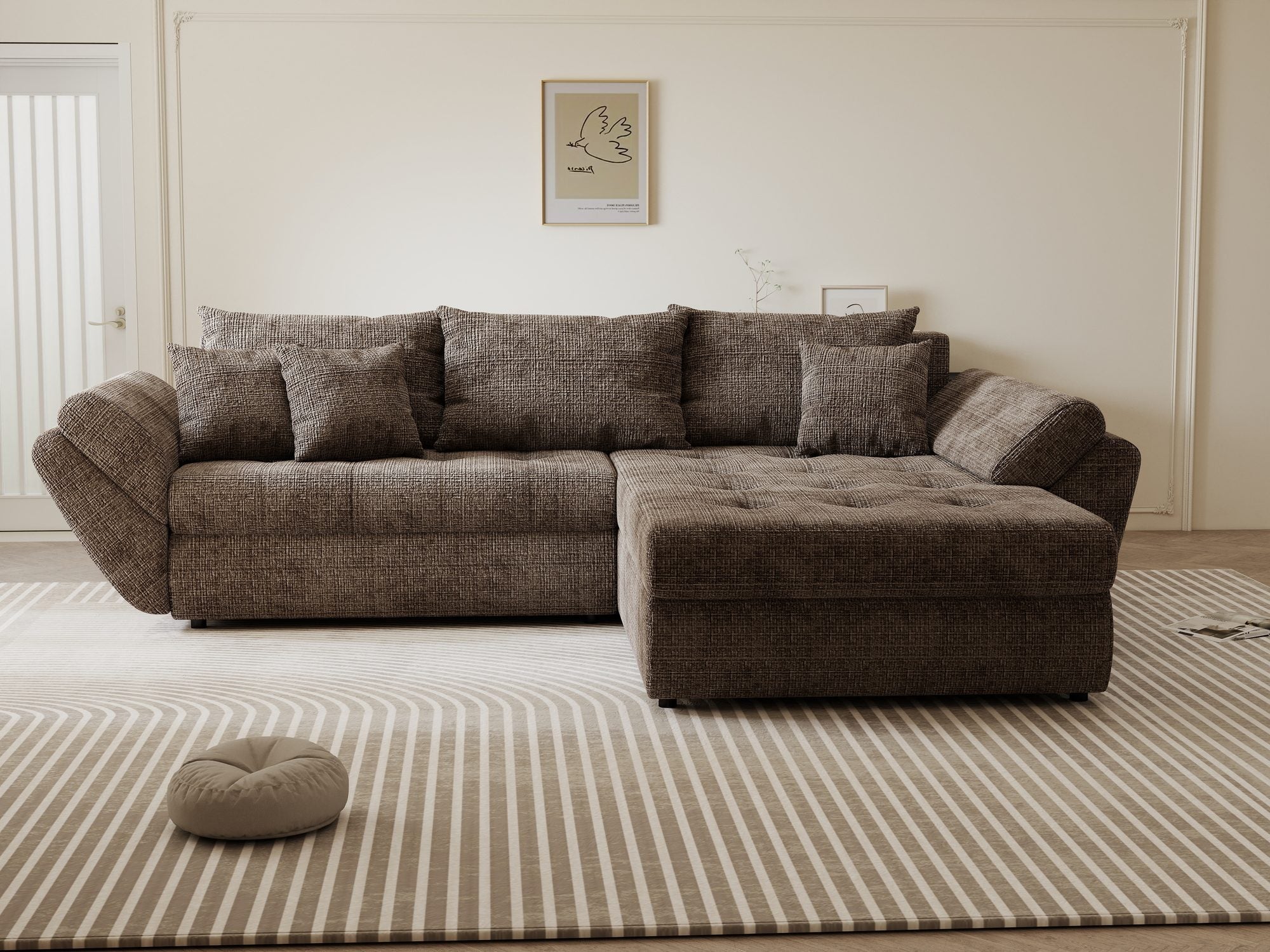 dumonde kihúzható sarokkanapé tárolórekesszel és kényelmes, nagy sűrűségű habszivacs ülőrésszel, Loana Cremona Barna-beige II 270x185 cm