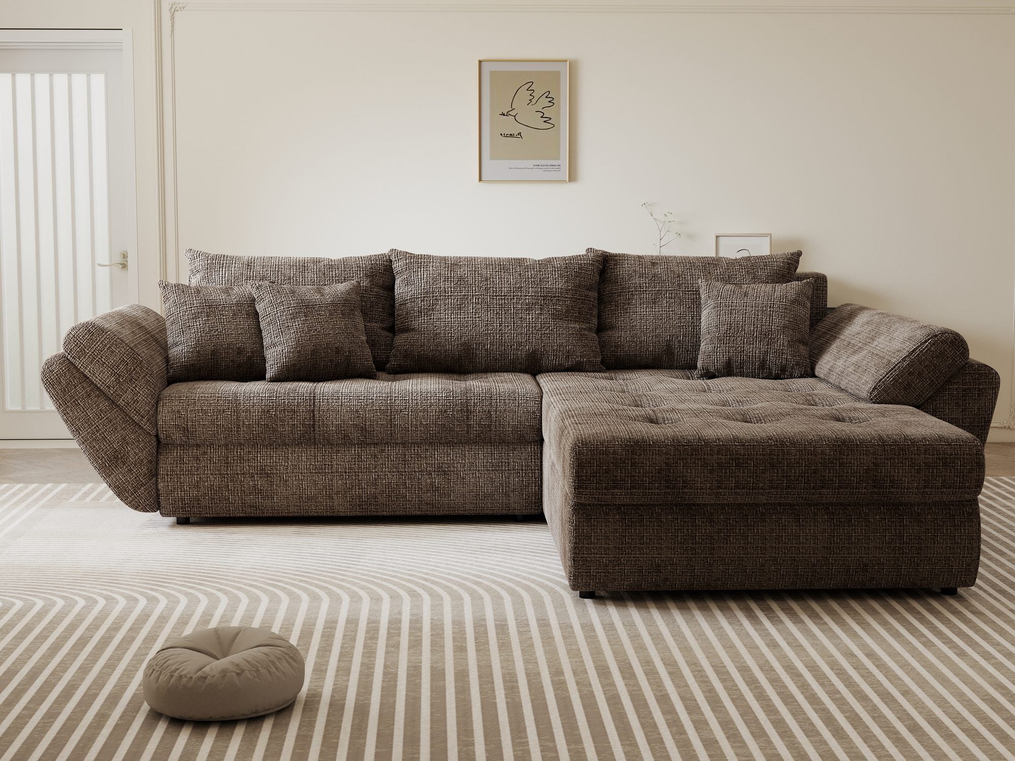 dumonde kihúzható sarokkanapé tárolórekesszel és kényelmes, nagy sűrűségű habszivacs ülőrésszel, Loana Cremona Barna-beige II 270x185 cm